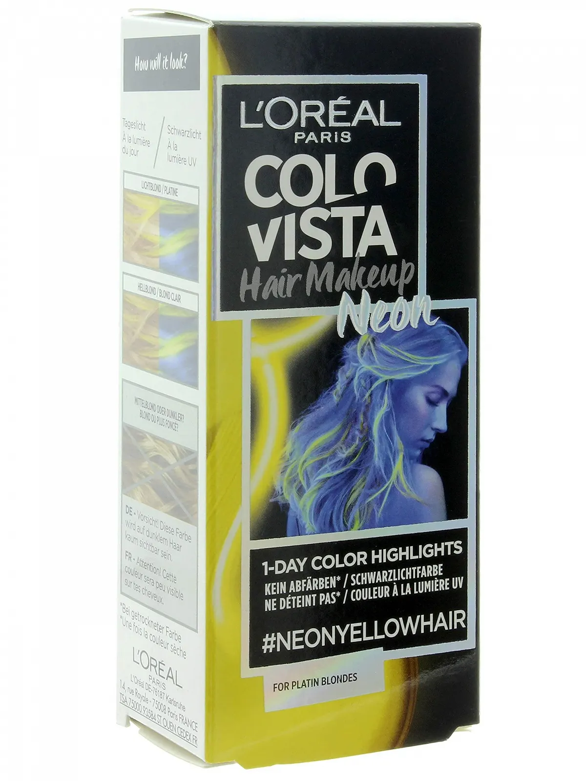 Фарба для волосся L'Oréal Paris Colovista Hair Makeup 1 Day Colour Highlights Black Light Colour Неоновий Жовтий, фото №1 Фарба для волосся L'Oréal Paris Colovista Hair Makeup 1 Day Colour Highlights Black Light Colour Неоновий Жовтий, фото №1