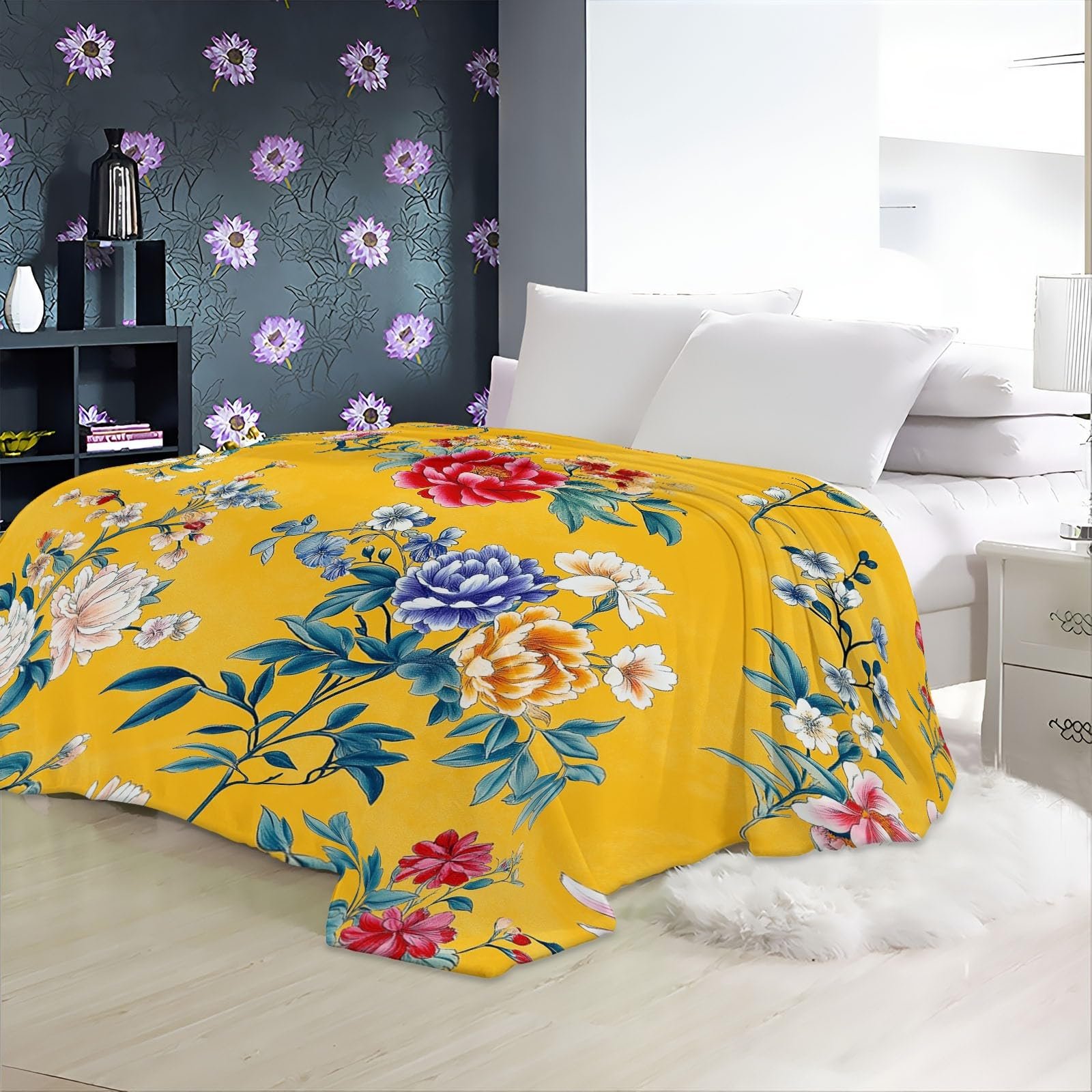 Фланелева Покривало Жовта плюшева фланелева Покривало з теплими китайськими традиційними елегантними квітами, фото №4