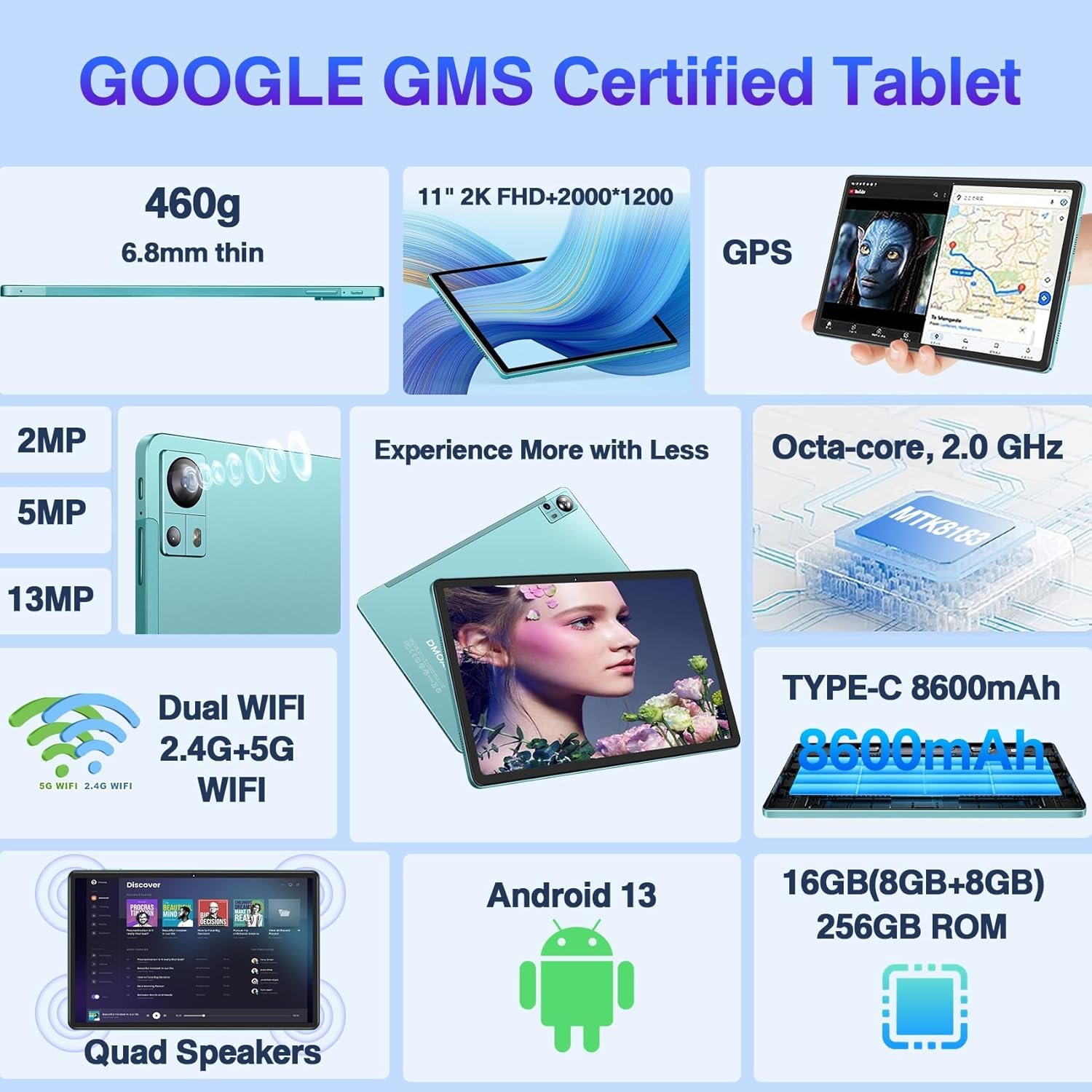 Планшет 11" 2K Dmoao D11 8+8/256Gb 8 ядер Android 13 8600 mAh Green, фото №3