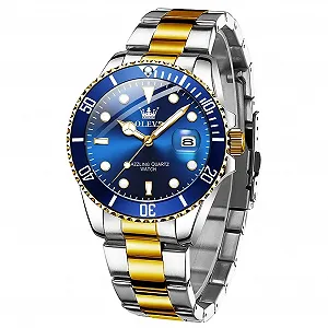 Мужские часы OLEVS Кварцевые Аналоговые Водонепроницаемые Люминесцентные с Календарем Большие, Металл, Нержавеющая Сталь - Фото 1