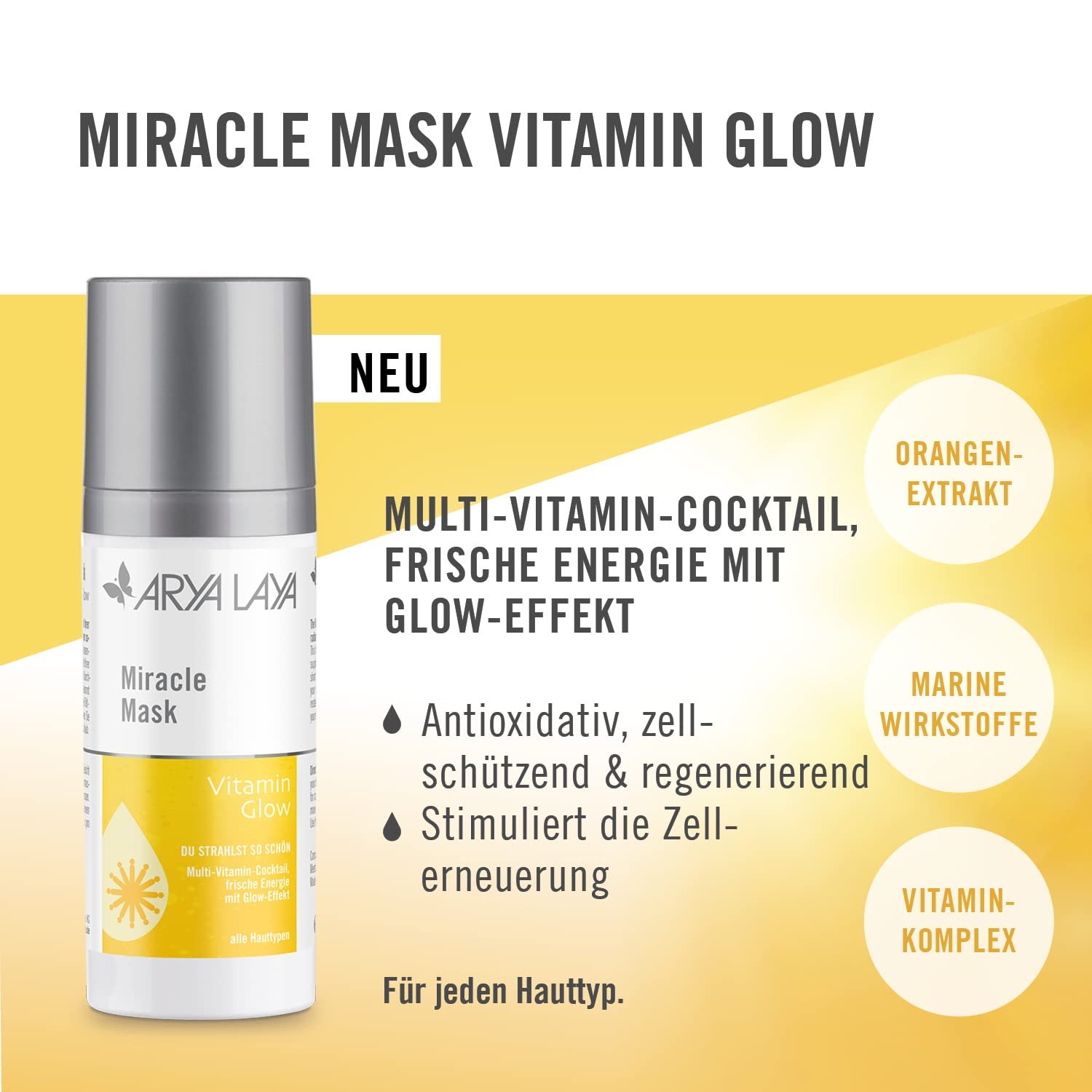 Маска для лица ARYA LAYA Miracle Vitamin Glow, 30 мл - Маска для лица для многих типов кожи, уход за кожей с эффектом сияния, антиоксидант, защита клеток и регенерация, веганская, фото №2