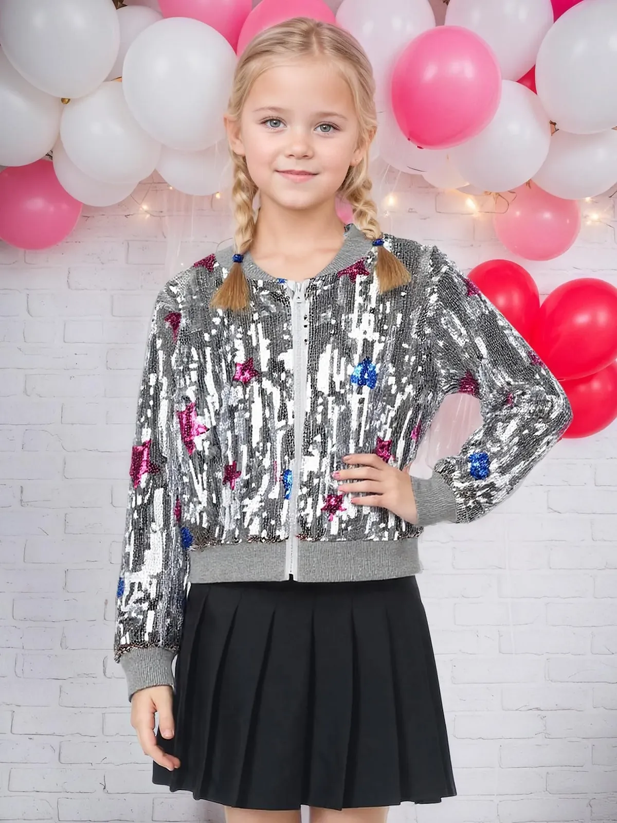 Блискуча куртка NEAWEALY для дівчат, дитяча куртка-бомбер з блискавкою та кишенями, фото №3 Блискуча куртка NEAWEALY для дівчат, дитяча куртка-бомбер з блискавкою та кишенями, фото №3