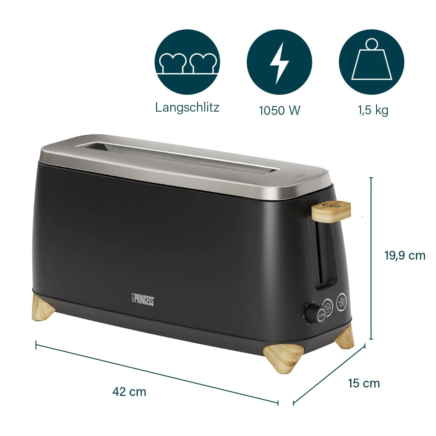Тостер Princess Pure для 2 скибочок одночасно 7 регульованих рівнів підсмажування кнопки скасування, розігріву та розморожування 800-1000 Вт Чорний, фото №2