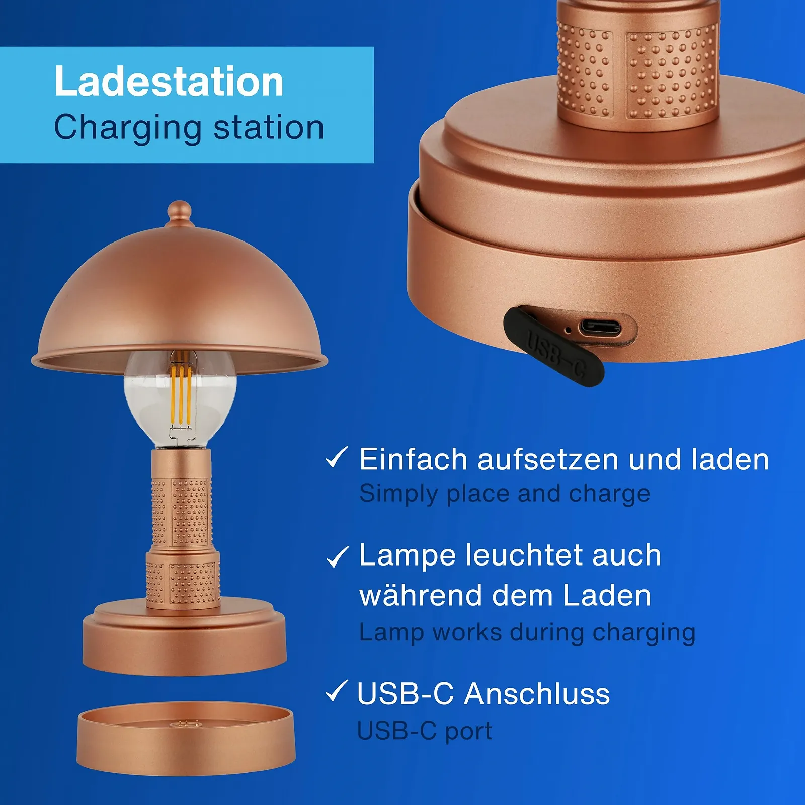 Світлодіодна настільна лампа REV Wireless Classic Mushroom Lamp акумуляторна сенсорна Мідна, фото №3