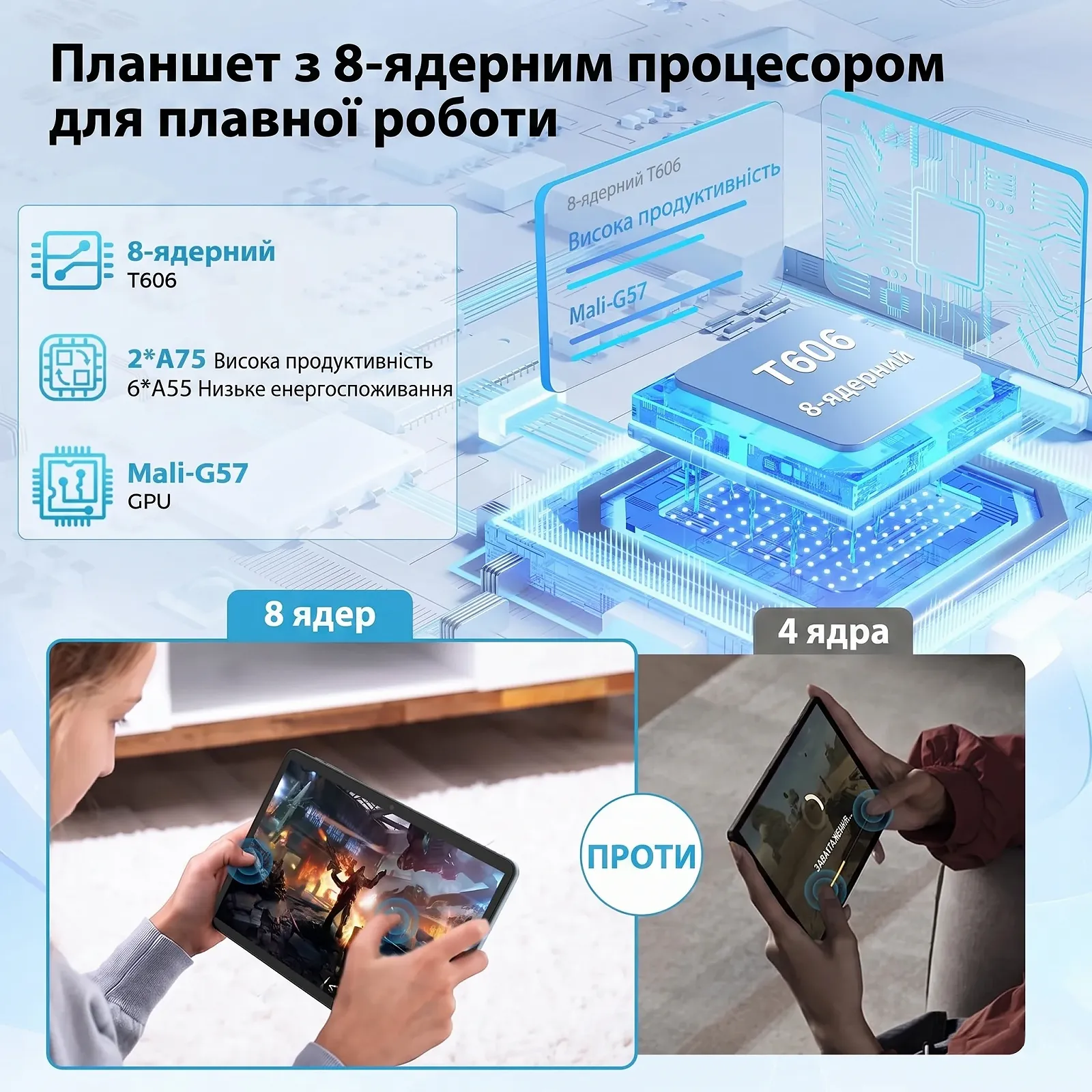 Планшет 10" HISORL T901 6/256 Гб 8 ядер Android 14 8000 мАч Черно-голубой, фото №3