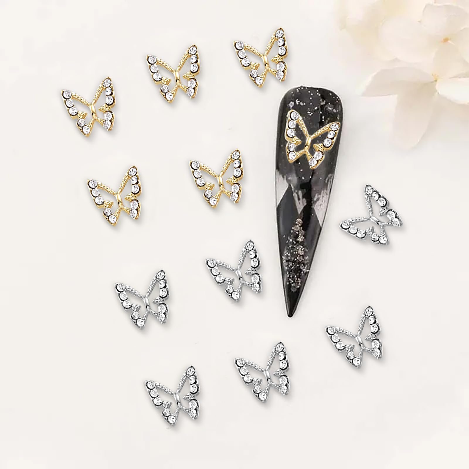 Украшения для ногтей Бабочки из сплава (5 золотых, 5 серебряных) с камнями, фото №7