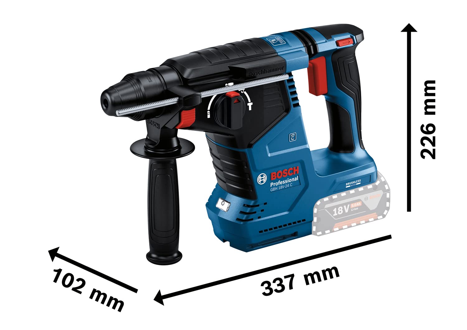 Перфоратор Bosch Professional GBH 18V-24 C система с SDS Plus с дополнительной ручкой, фото №3
