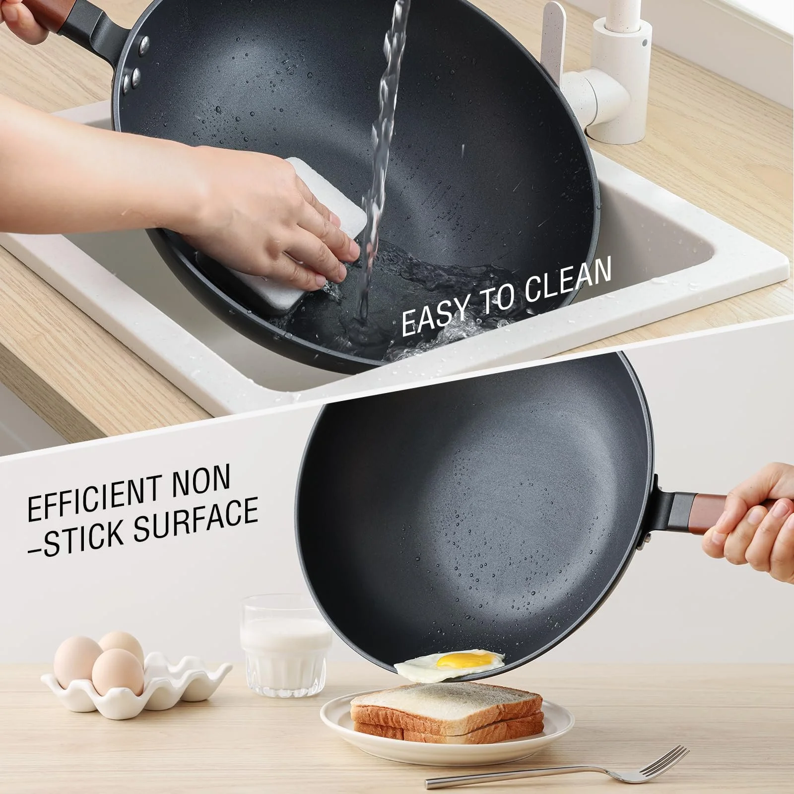 Сковорідка-Вок Kordisen Без прилипання 33 см/5.6 л з кришкою, Без хімічного покриття, Попередньо оброблений, Підходить для індукційних/електричних/газових плит, фото №3