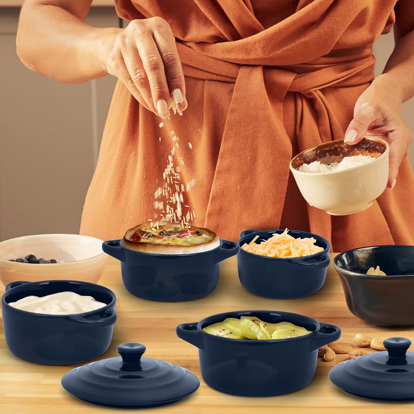 Формы для запекания Belle Vous Набор 4 шт Керамические с крышкой 177 мл Круглые Темно-синие, фото №6