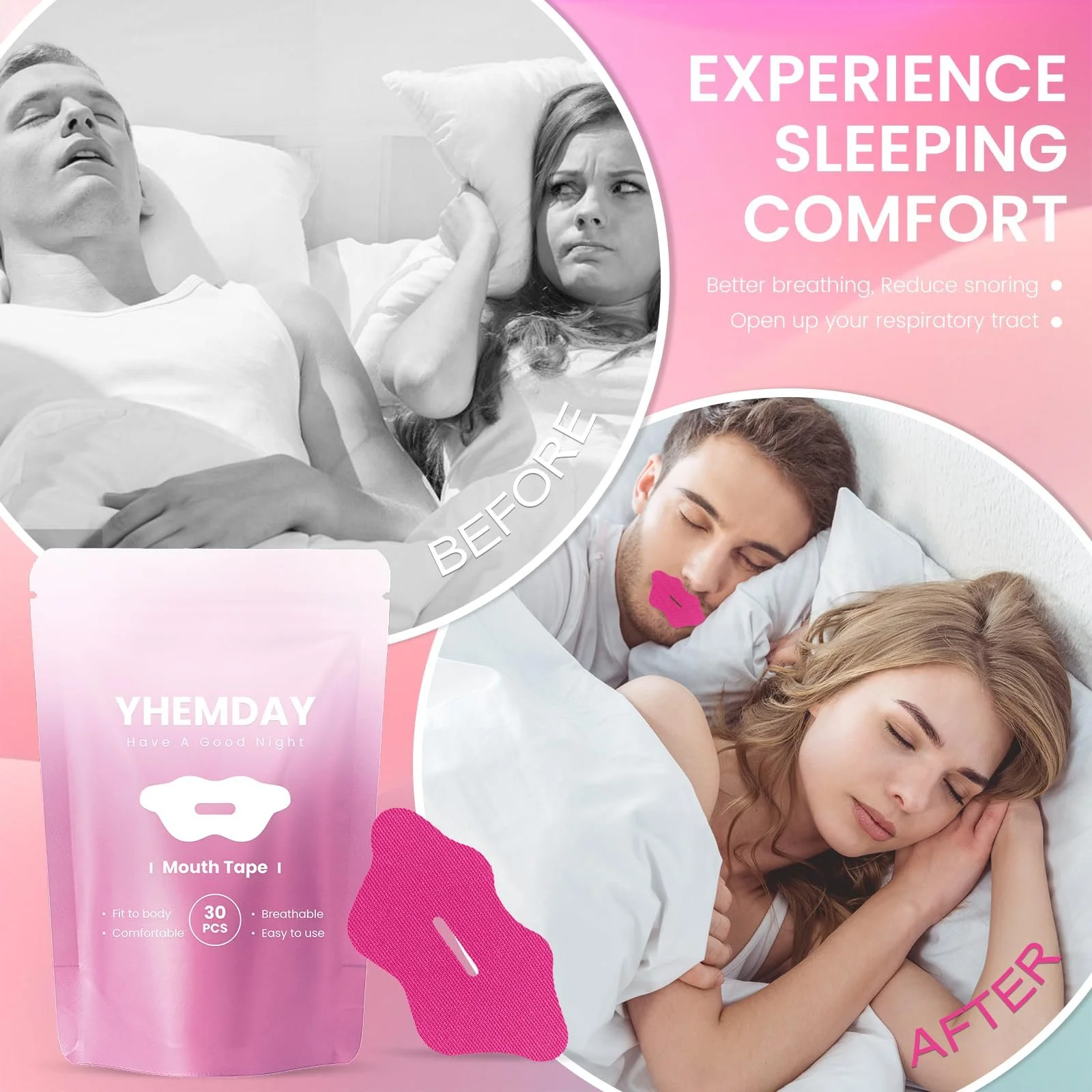 Смужка для рота для сну Паковання з 60 штук (рожевий), фото №2 Смужка для рота для сну Паковання з 60 штук (рожевий), фото №2