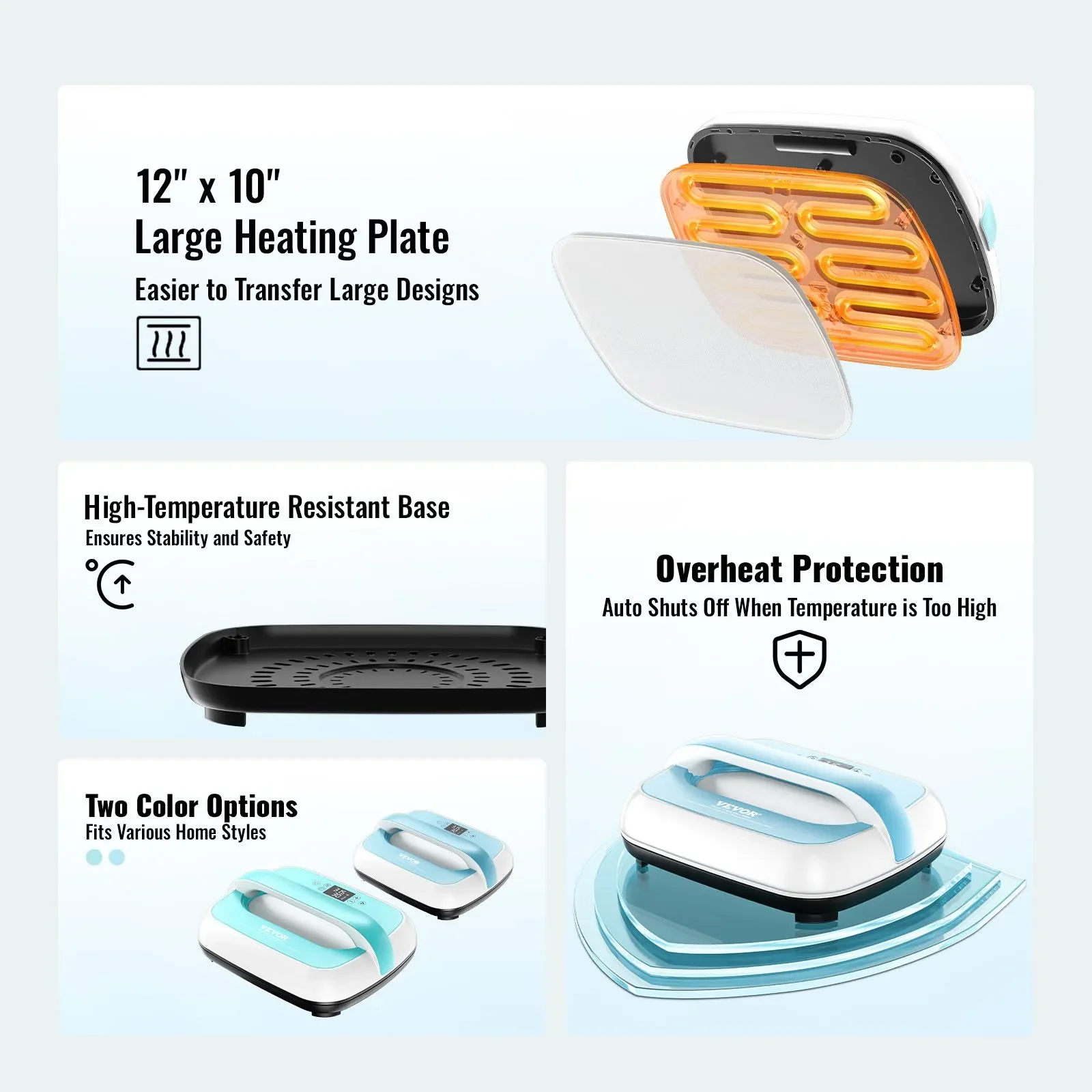 Термопрес VEVOR SS1210 портативний / 800 Вт / 341 х 276 мм / 205 ℃ / Автовимкнення / Білий-синій, фото №7