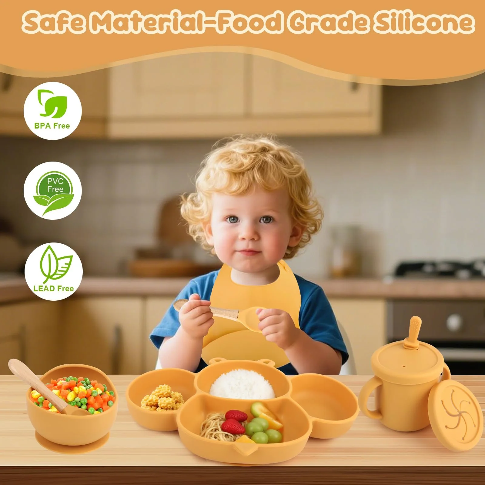 Набор детской силиконовой посуды, нескользящий с присоской, 8 предметов: детская тарелка, детская тарелка с присоской, силиконовая чашка, ложка, вилка, нагрудник, чашка для питья, фото №3