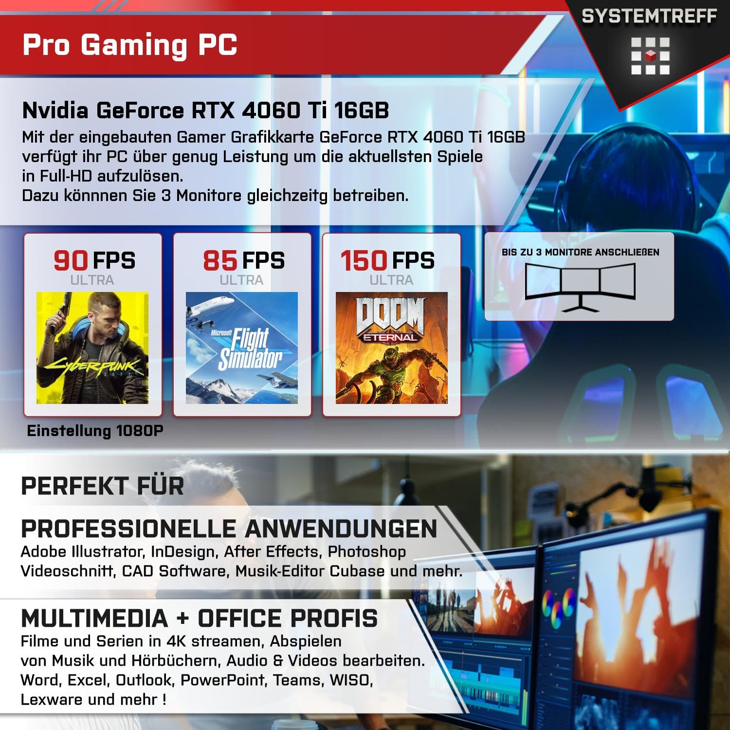 Система SYSTEMTREFF Gaming Комплект ПК AMD Ryzen 7 5700X 8 x 4.6GHz Nvidia GeForce RTX 4060Ti 16GB DX12 1TB M.2 NVMe 32GB DDR4 RAM WLAN Настольный Компьютер для Геймеров, фото №5 Система SYSTEMTREFF Gaming Комплект ПК AMD Ryzen 7 5700X 8 x 4.6GHz Nvidia GeForce RTX 4060Ti 16GB DX12 1TB M.2 NVMe 32GB DDR4 RAM WLAN Настольный Компьютер для Геймеров, фото №5