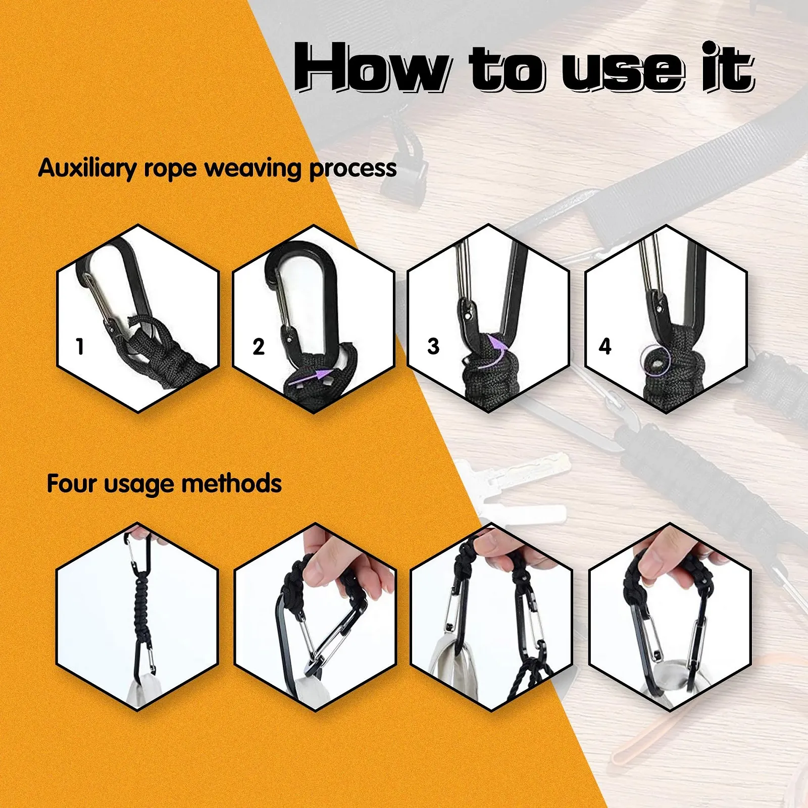 Брелок Paracord UBRAVE з карабіном, багатофункціональний, чорний (1 x гачок + 1 x кільце), фото №5