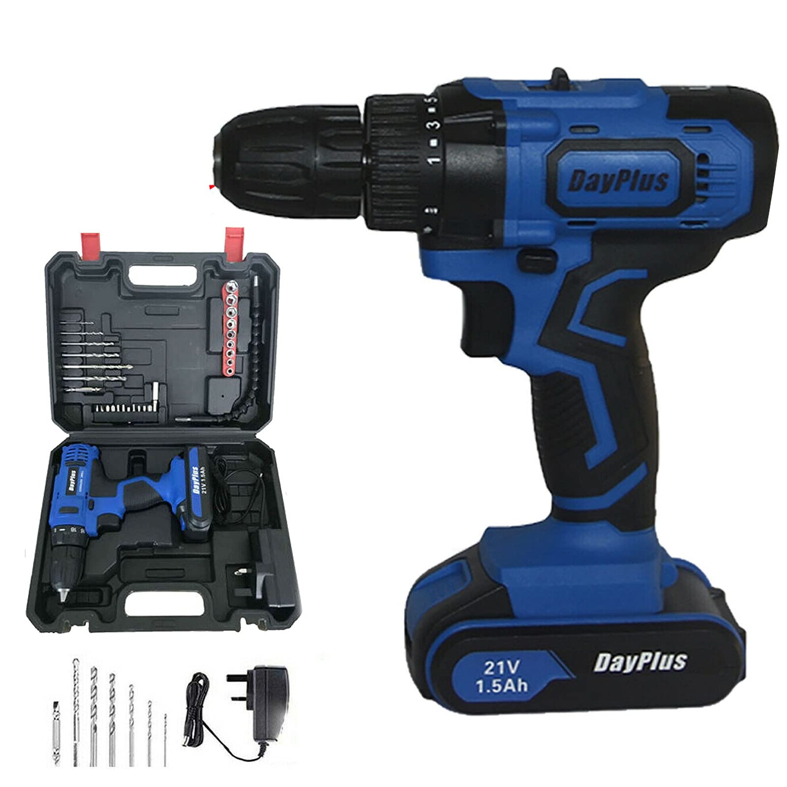 Шуруповерт бездротовий 18+1 Torque 21 В 45 Нм Набір 1 x 1,5Ah Li-Ion Акумулятор, 2-швидкості, світлодіодне підсвічування, портативний ящик для інструментів, 29-деталі, фото №1