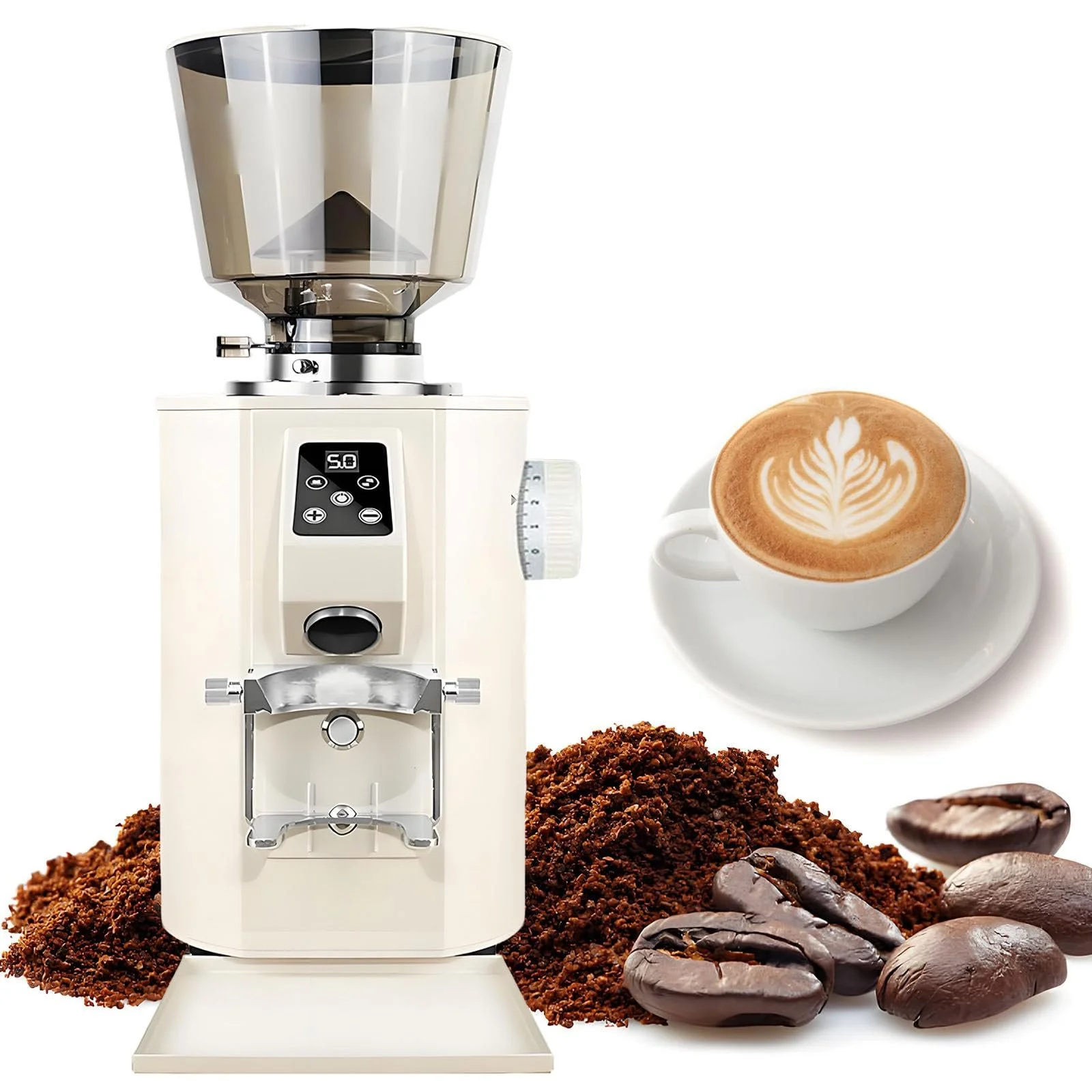 Кавомолка електрична Commercial з пласким помелом і 9 налаштуваннями/LED-екраном/подвійним режимом дозування, контейнер для зерен 450 г, бежева, фото №1