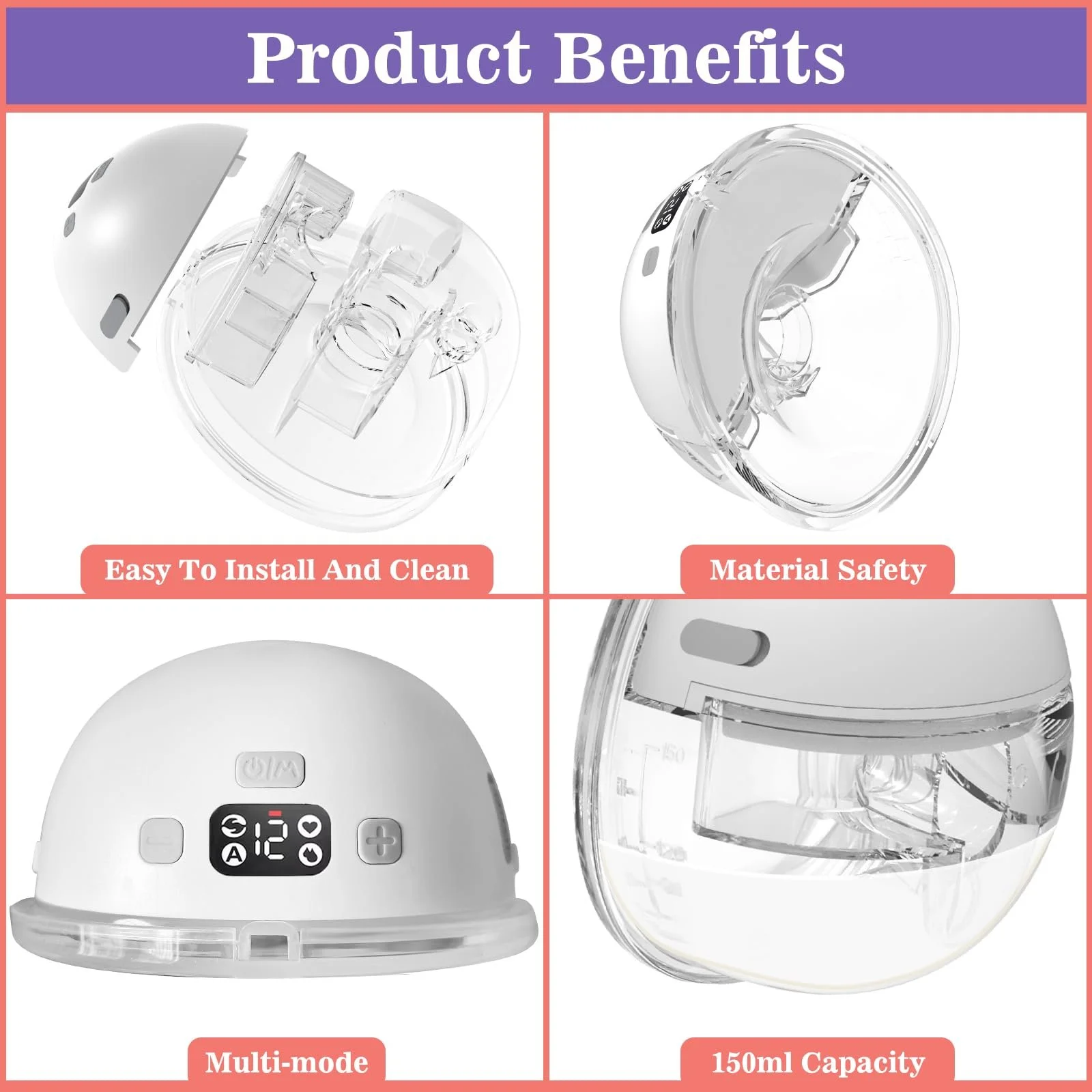 Молокоотсос электрический YADOBIG 4 режима, handsfree, 2 клипсы для регулировки бюстгальтера и фланцы 17/19/21 мм, низкий уровень шума, без BPA, со светодиодным дисплеем, белый, фото №4 Молокоотсос электрический YADOBIG 4 режима, handsfree, 2 клипсы для регулировки бюстгальтера и фланцы 17/19/21 мм, низкий уровень шума, без BPA, со светодиодным дисплеем, белый, фото №4