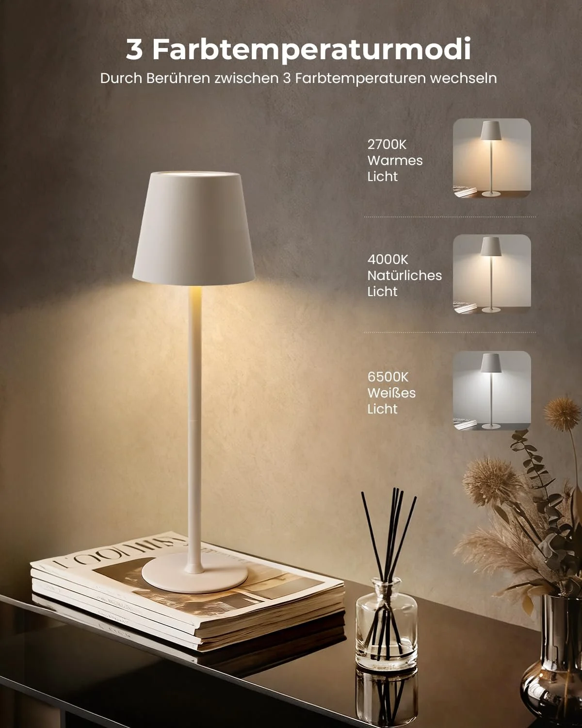Настільна лампа акумуляторна 2 шт. LED бездротова 3 колірні температури димування 24 см / 37,5 см Бежева, фото №3