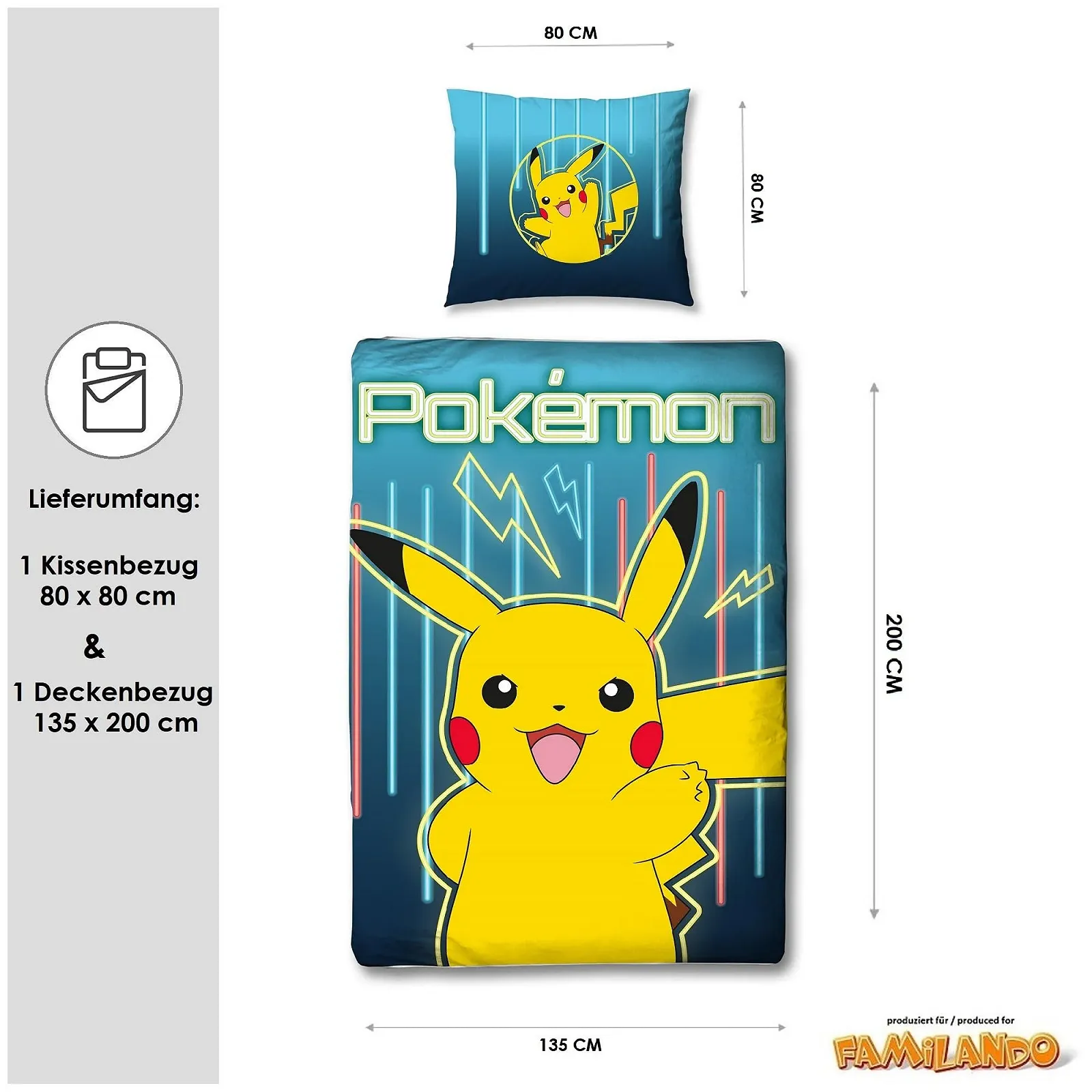 Комплект детского постельного белья Pokemon Pikachu 135 x 200 см 80 x 80 см хлопок линон на молнии Синий, фото №3