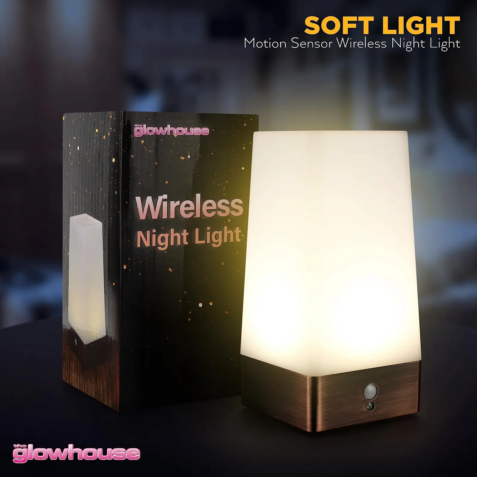 Настільна лампа The Glowhouse LED бездротова з датчиком руху PIR на батарейках квадратна, фото №2