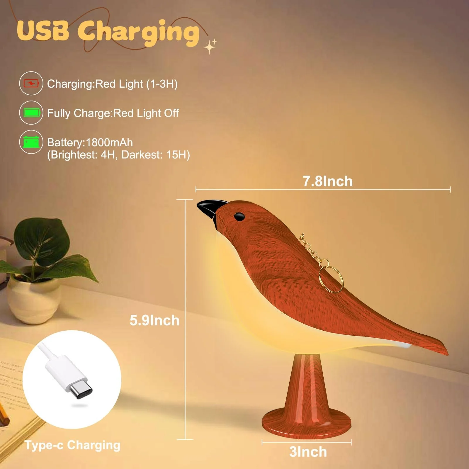 Настільна лампа LAVAED Птах Сенсорна USB Акумуляторна Red, фото №5