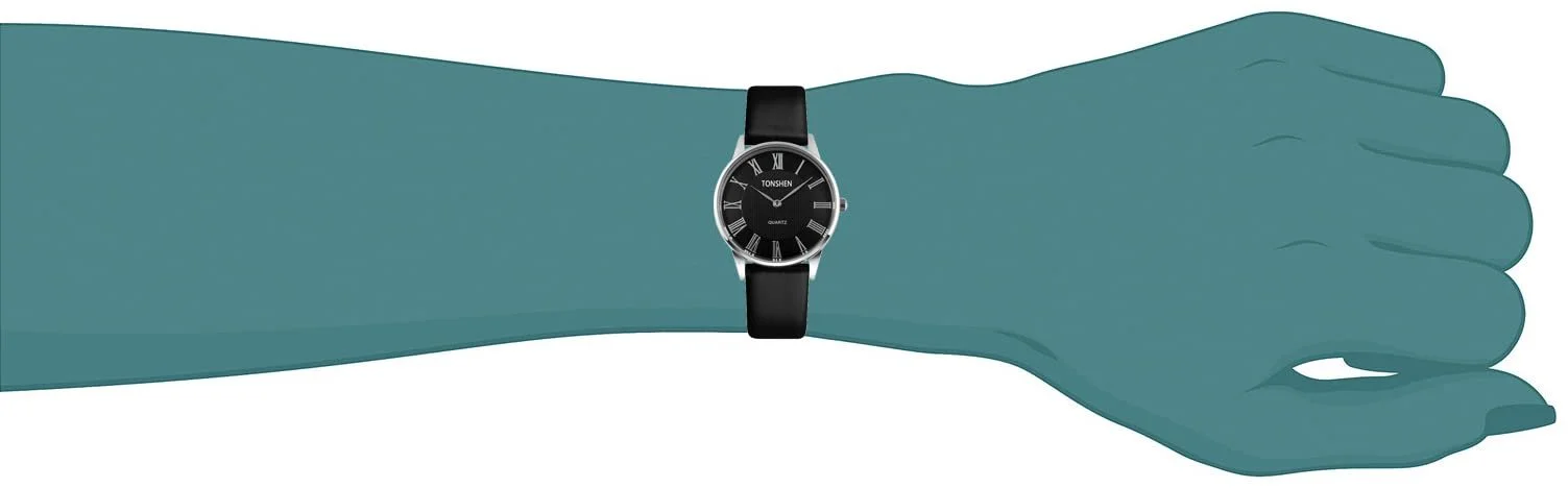 Аналоговий годинник TONSHEN Кварцовий Сріблястий нержавіюча сталь Чорний шкіряний ремінець, циферблат 7 мм, фото №3