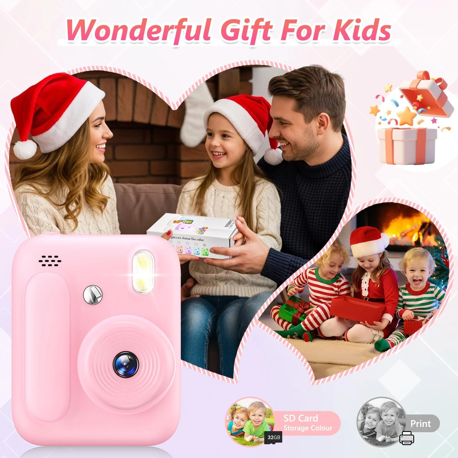Детская камера мгновенной печати 1080P 5 рулонов бумаги 32GB карандаши Розовая, фото №7