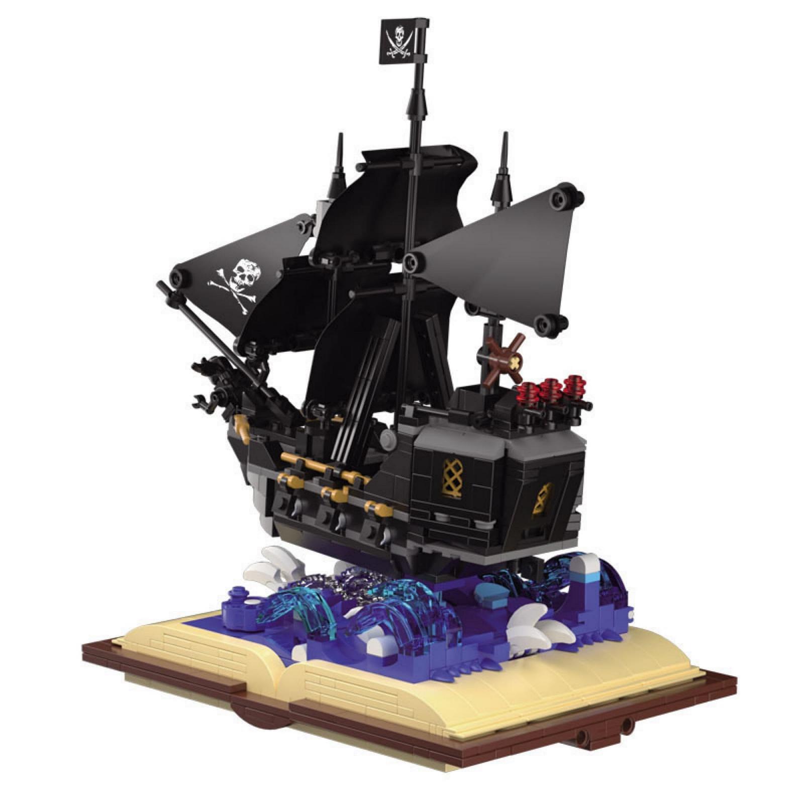 Черный пиратский корабль из блоков Magic Book Pirate Ship, темная миражная модель, 919 деталей, фото №1