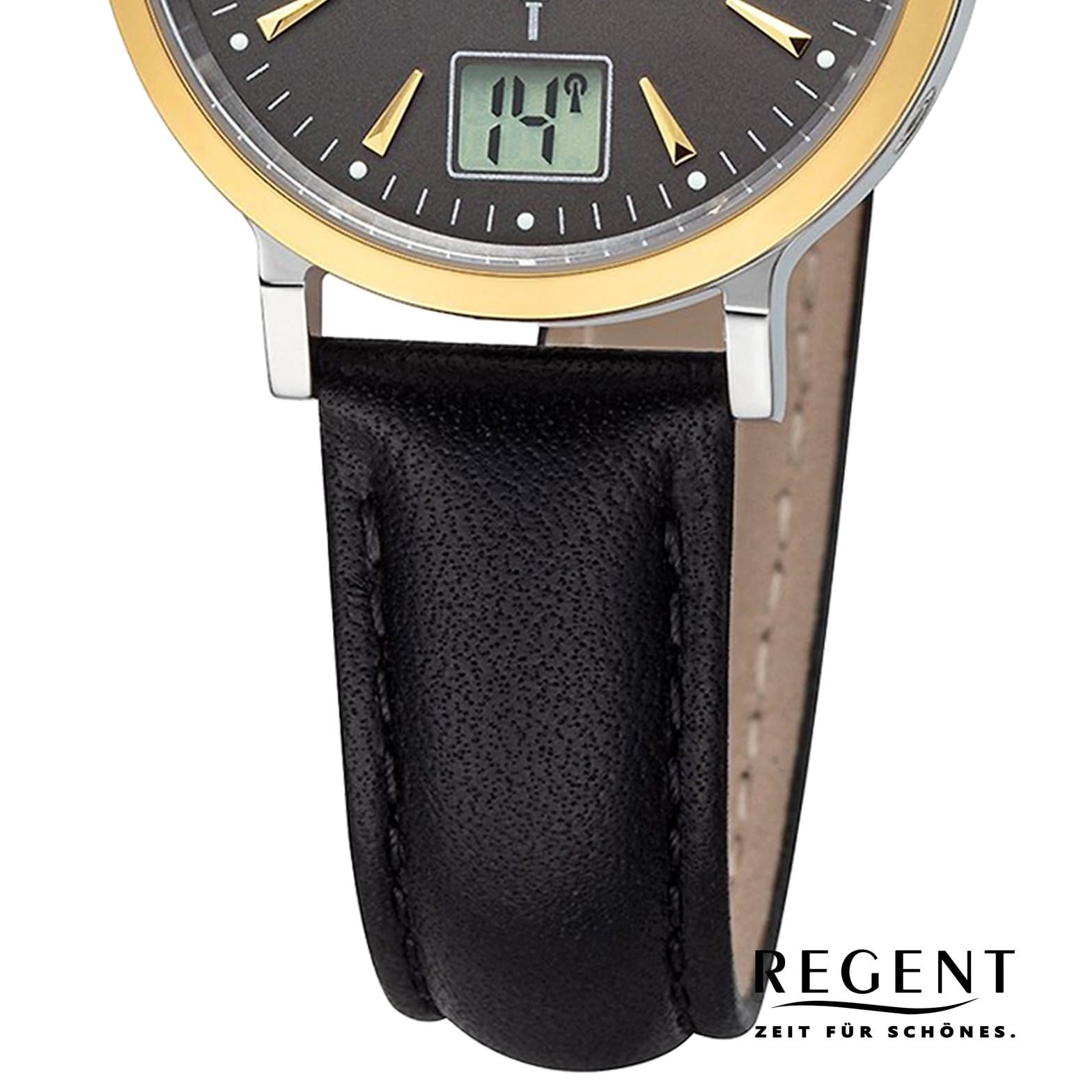 Женские аналого-цифровые часы REGENT URFR283, черный кожаный ремешок, серебристый, золото-серый ремешок., фото №3