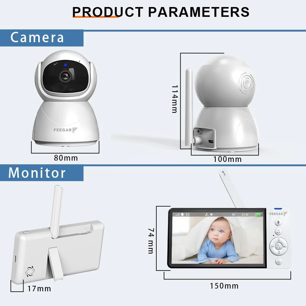 Відеоняня Feegar 5 дюймів 720P HD 2.4 GHz PTZ 355°/120° 2x Zoom VOX Нічне бачення Датчик температури Колискові 5000 mAh, фото №7