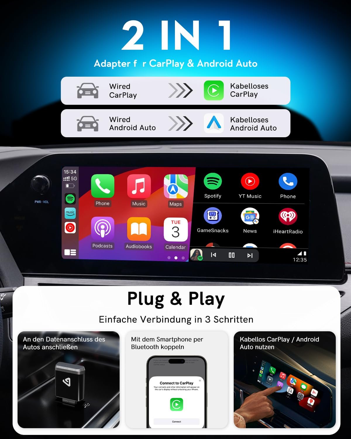 Беспроводной адаптер 2-в-1 для Android Car & CarPlay - Преобразует проводной CarPlay в беспроводной, с адаптером USB-C, 5.8GHz WiFi, мини-дизайн, Plug & Play, совместим с iOS 10+ и Android 11+, фото №2