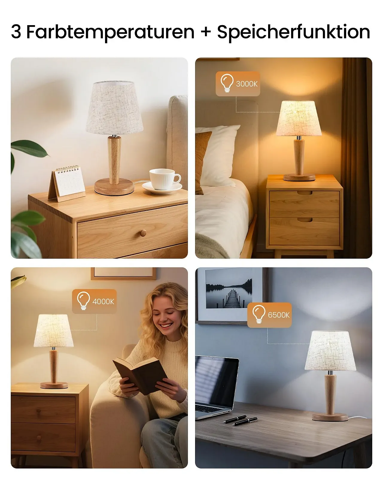 Настільна лампа ZME13TLDP205 з дерев'яною основою та лляним абажуром E27 Комплект 2 шт. Бежева, фото №3