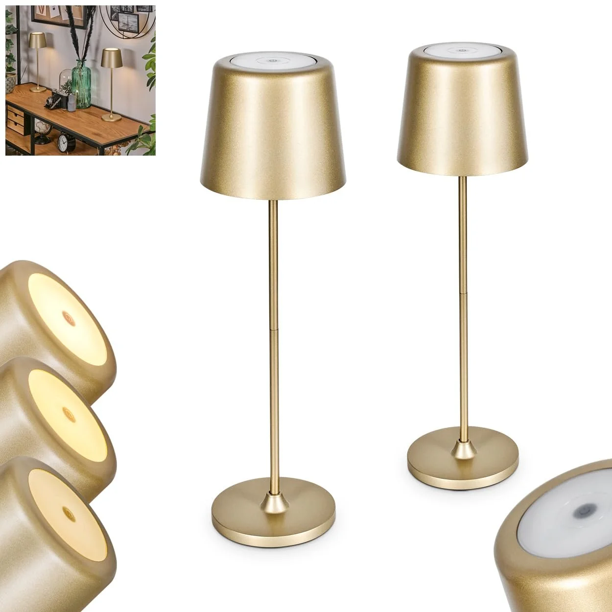 Настільна лампа HOFSTEIN Belece LED набір з 2 шт. 2 Вт 310 Люмен 3000 Кельвін акумуляторна золотисто-біла IP44, фото №1