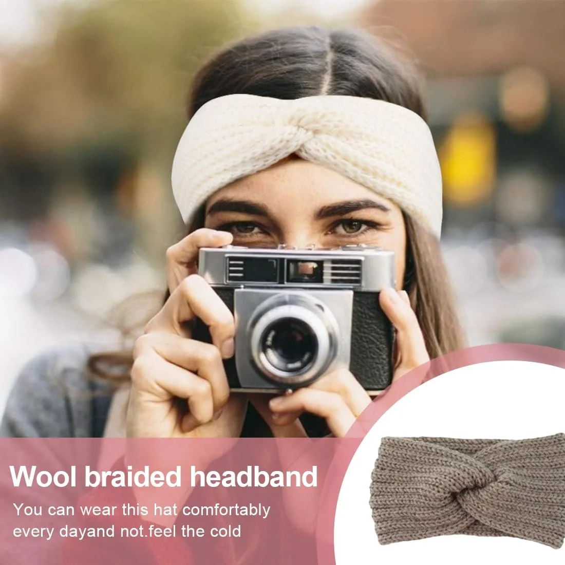 В'язана зимова пов'язка на голову для жінок Beige & Grey & Pink, фото №4