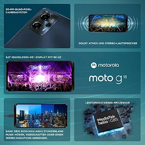 Смартфон Motorola Moto g13 6.52 дюймів HD+ 50 MP 4/128 GB 5000 mAh Android 13 Matte Charcoal з захисним чохлом synthetic.ua - Фото 1