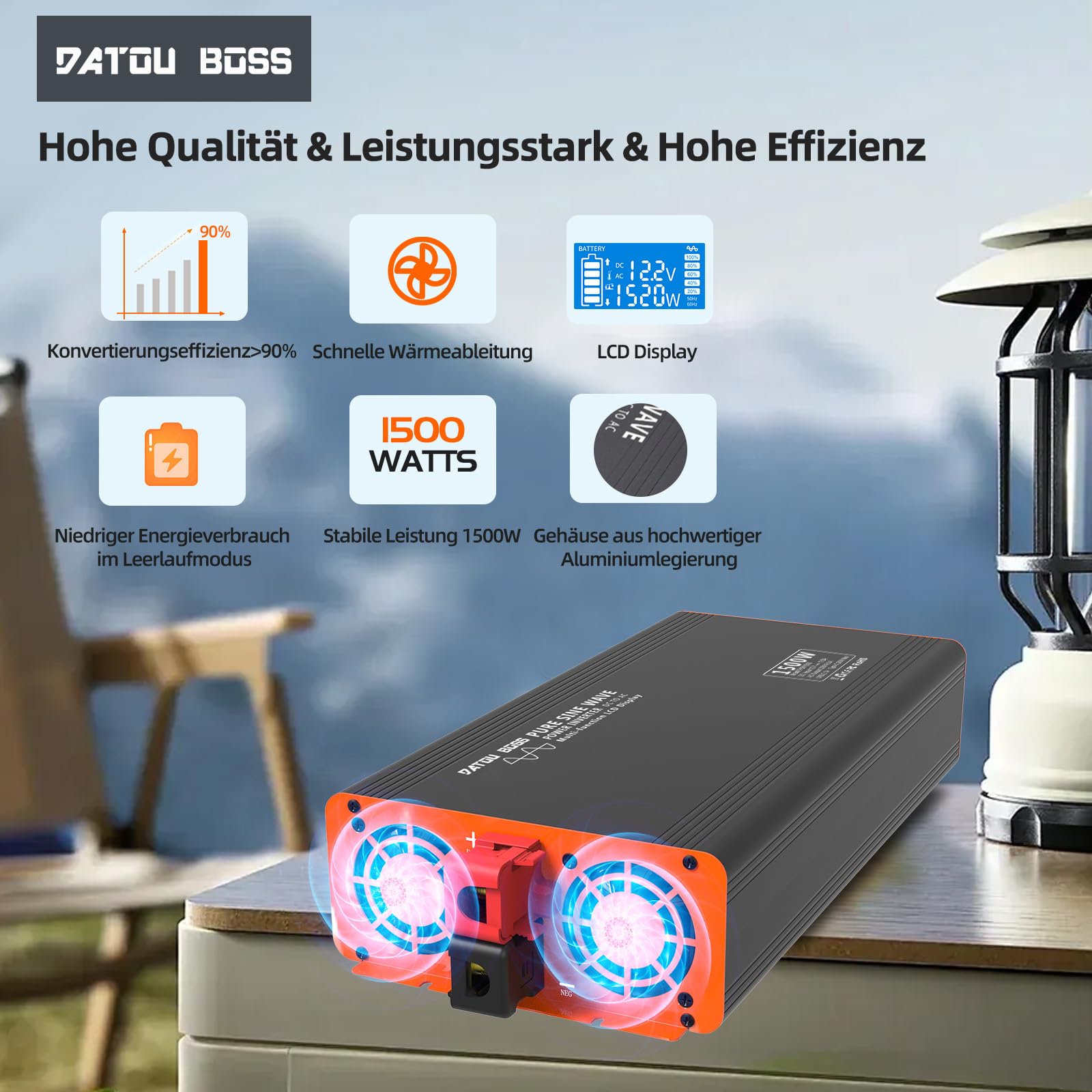 Инвертор DATOUBOSS Pure Sine Wave 1500 W/3000 W 24 В/230 В с EU розетками, USB/USB-C и LCD Дисплеем, фото №5