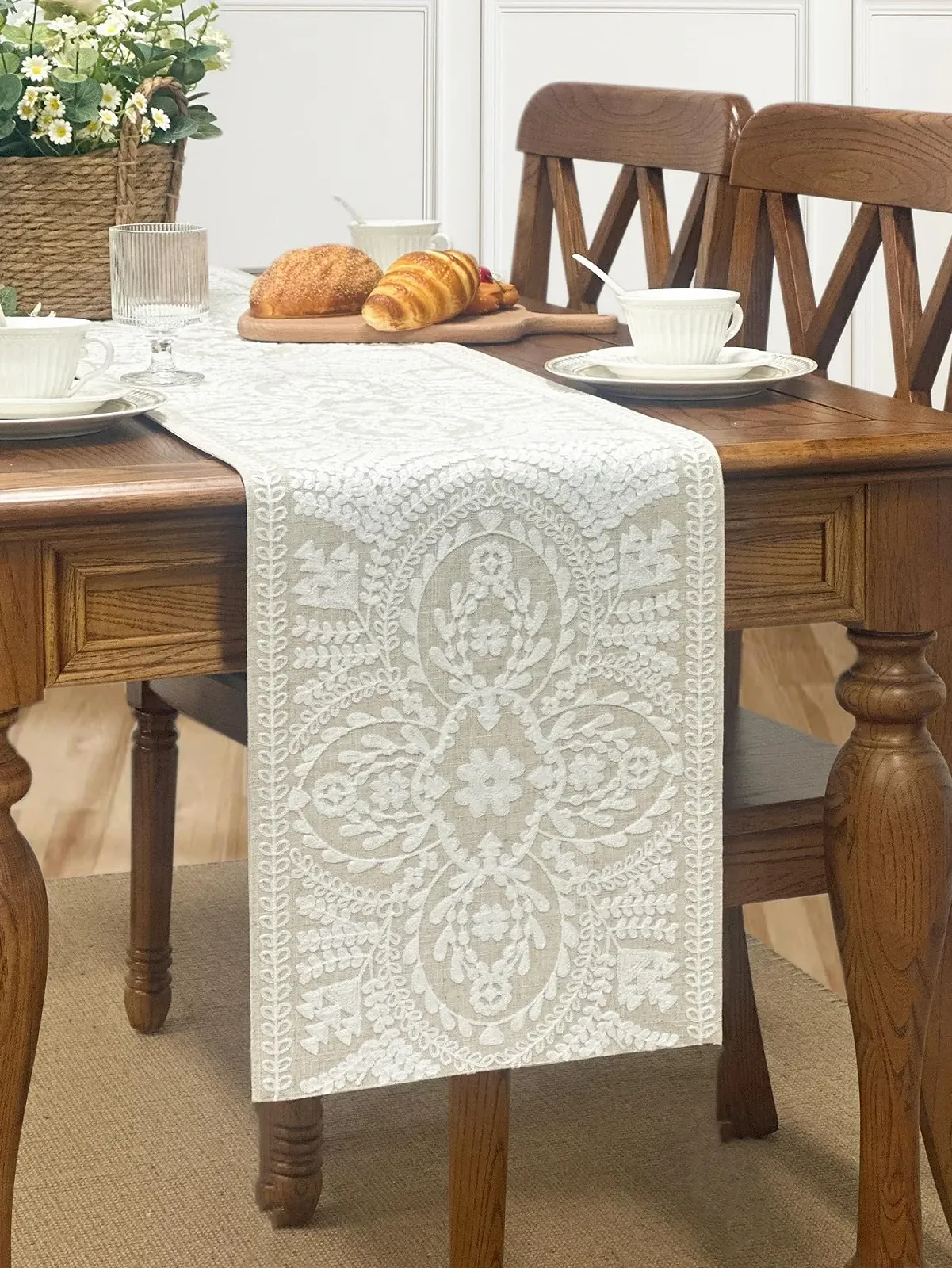 Ранер на стіл KEVA Boho Farmhouse Linen Rustic Vintage Embroidered Білий 13 x 72 дюйми, фото №7 Ранер на стіл KEVA Boho Farmhouse Linen Rustic Vintage Embroidered Білий 13 x 72 дюйми, фото №7