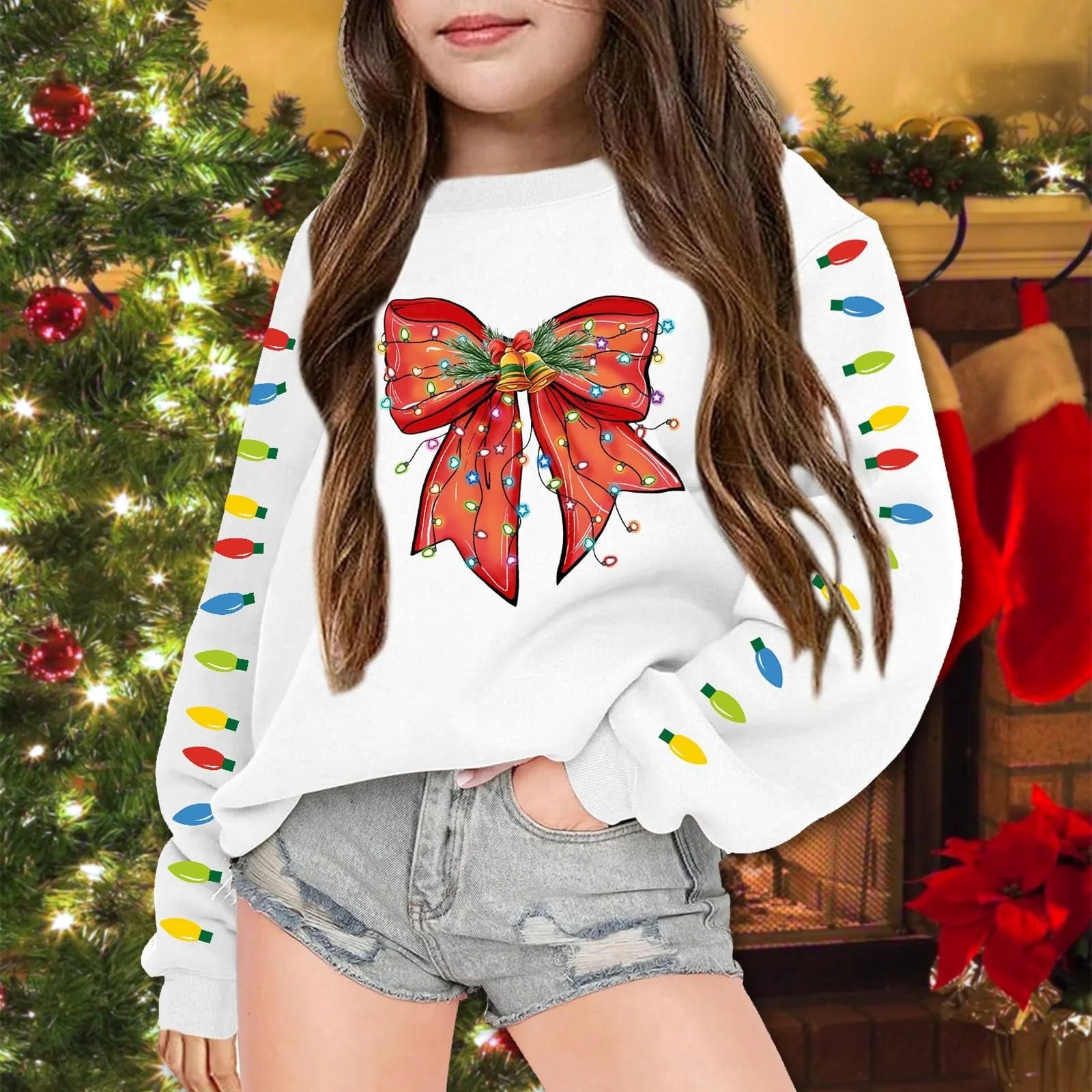 Толстовка для мальчиков 140 - Детский свитшот для девочек Рождественский бант Рождество Осень Оверсайз Толстовка Пуловер Модные свитшоты Праздничный Логотип Принт Одежда Топы Хип-Хоп Оверсайз Свитшоты, фото №3