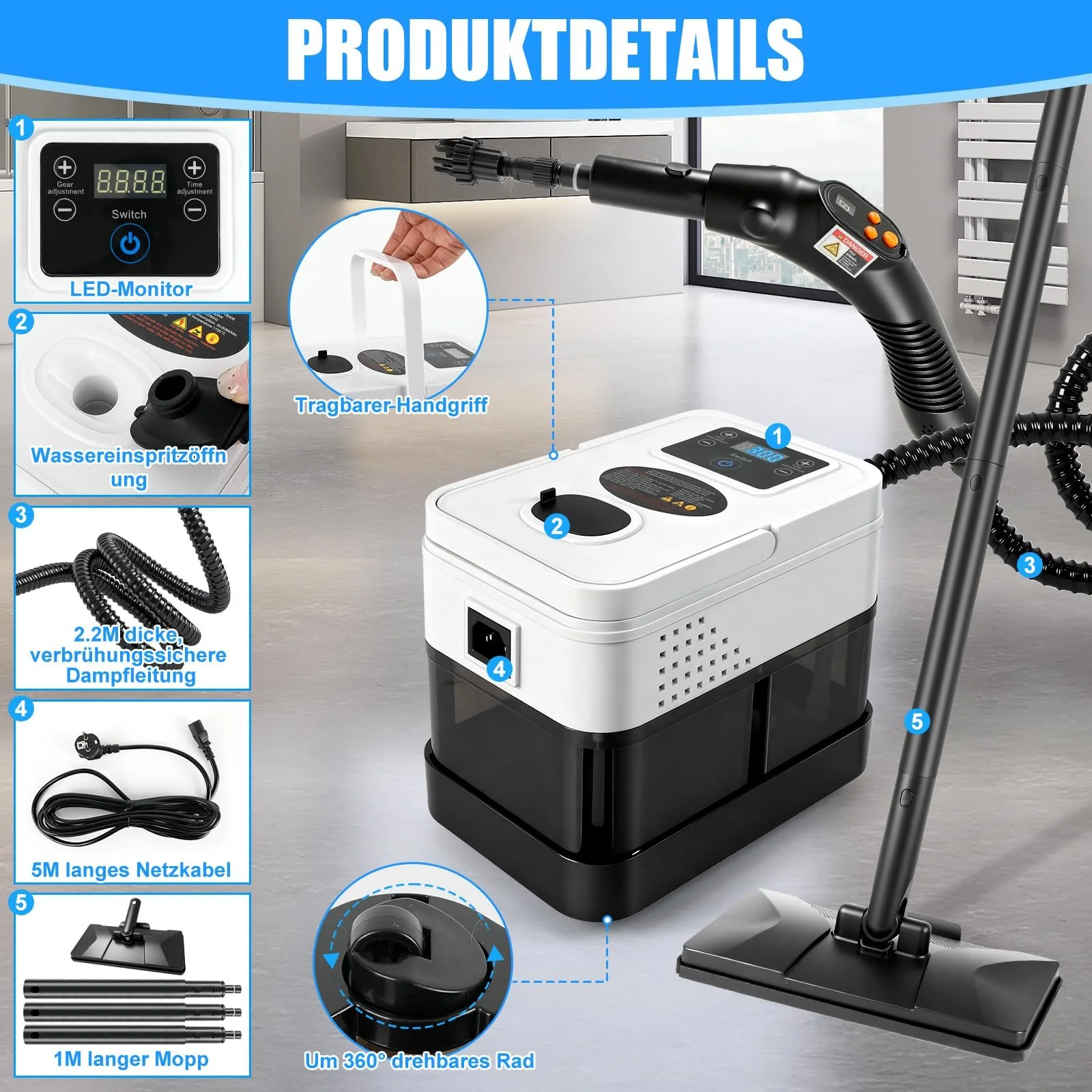 Ручний пароочисник 2500 Вт 1800 мл з 19 аксесуарами, фото №7 Ручний пароочисник 2500 Вт 1800 мл з 19 аксесуарами, фото №7