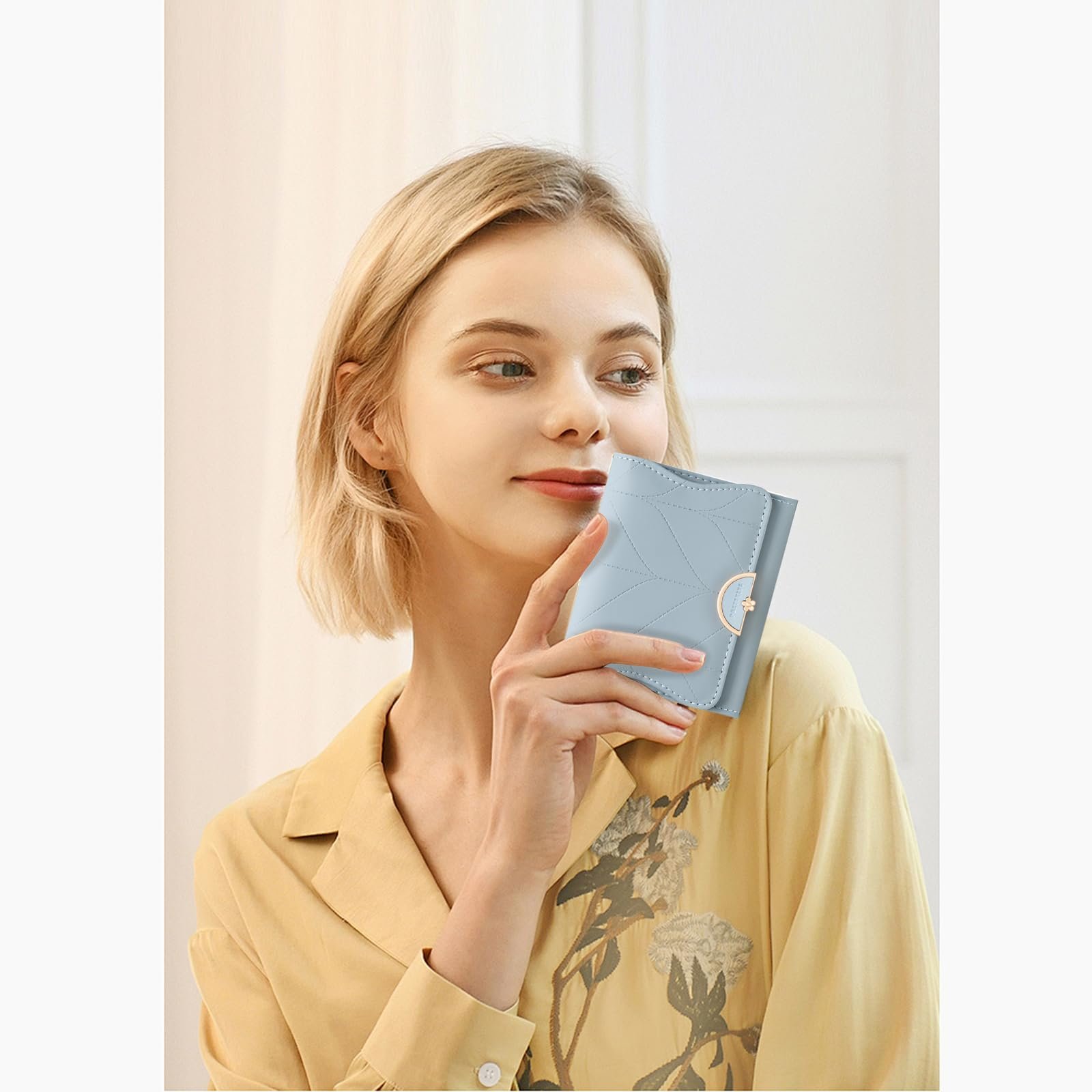 Кошелек Женский SENDEFN Маленький Кожаный RFID Блокировка Двойной Держатель для карт Милый Кошелек для женщин с карманом на молнии, светло-голубой, фото №6