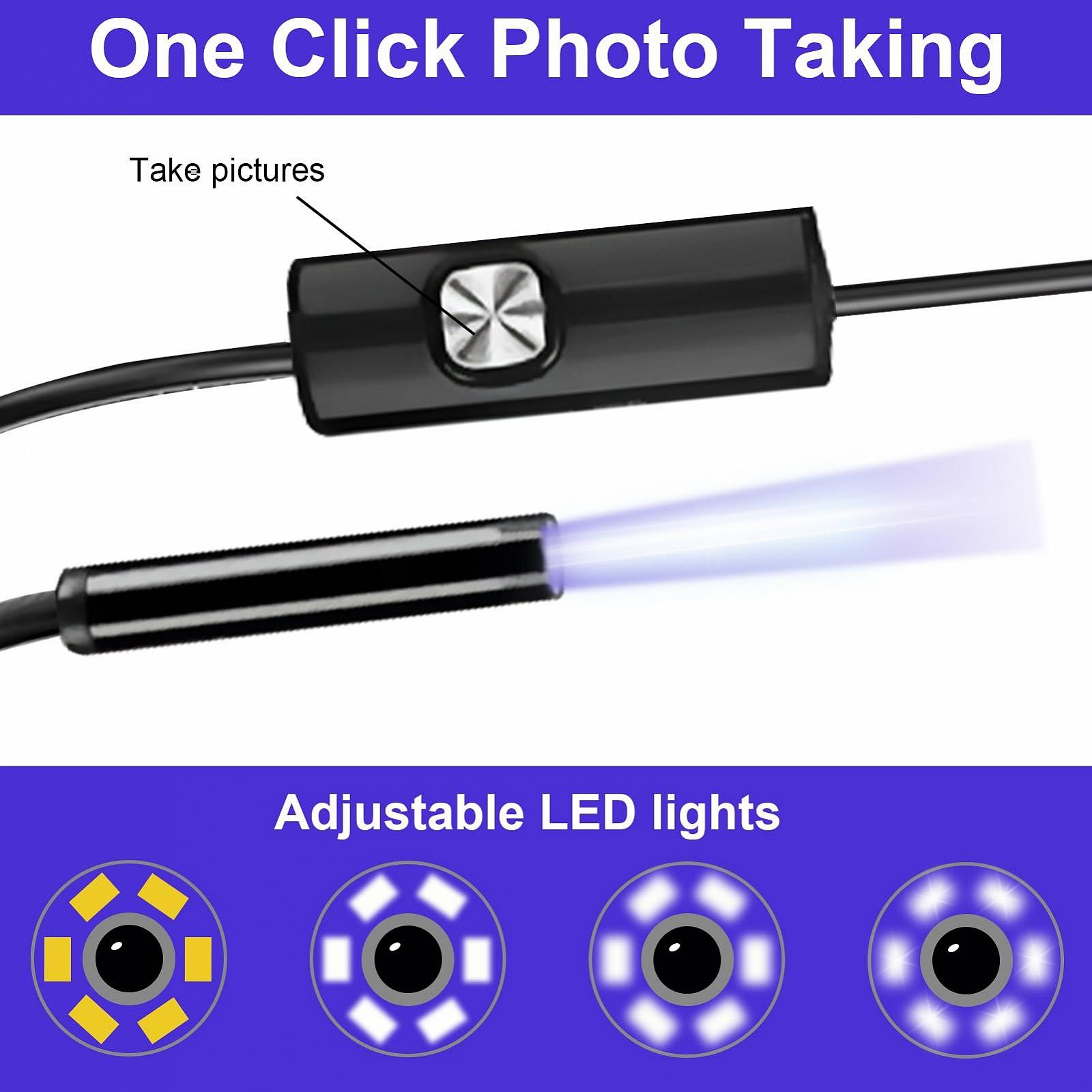 Эндоскоп 3 в 1 Инспекционная камера 7мм USB эндоскоп с 6 LED фонарями IP67 водонепроницаемый гибкий жесткий змеевик для раковины трубы и стока совместим с Android и компьютером 2м, фото №2