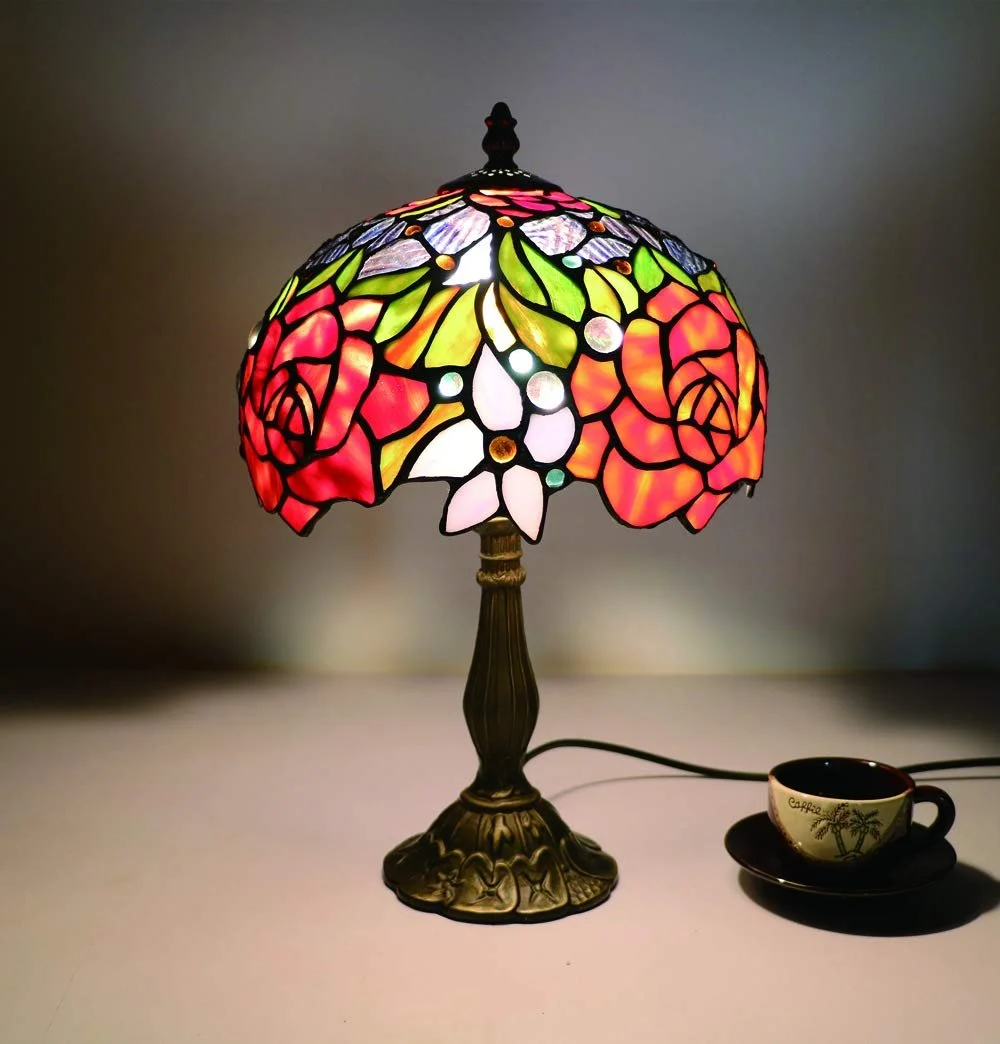 Настільна лампа Tiffany Style 10 дюймів Red Rose Flower Vintage Stained Glass, фото №3