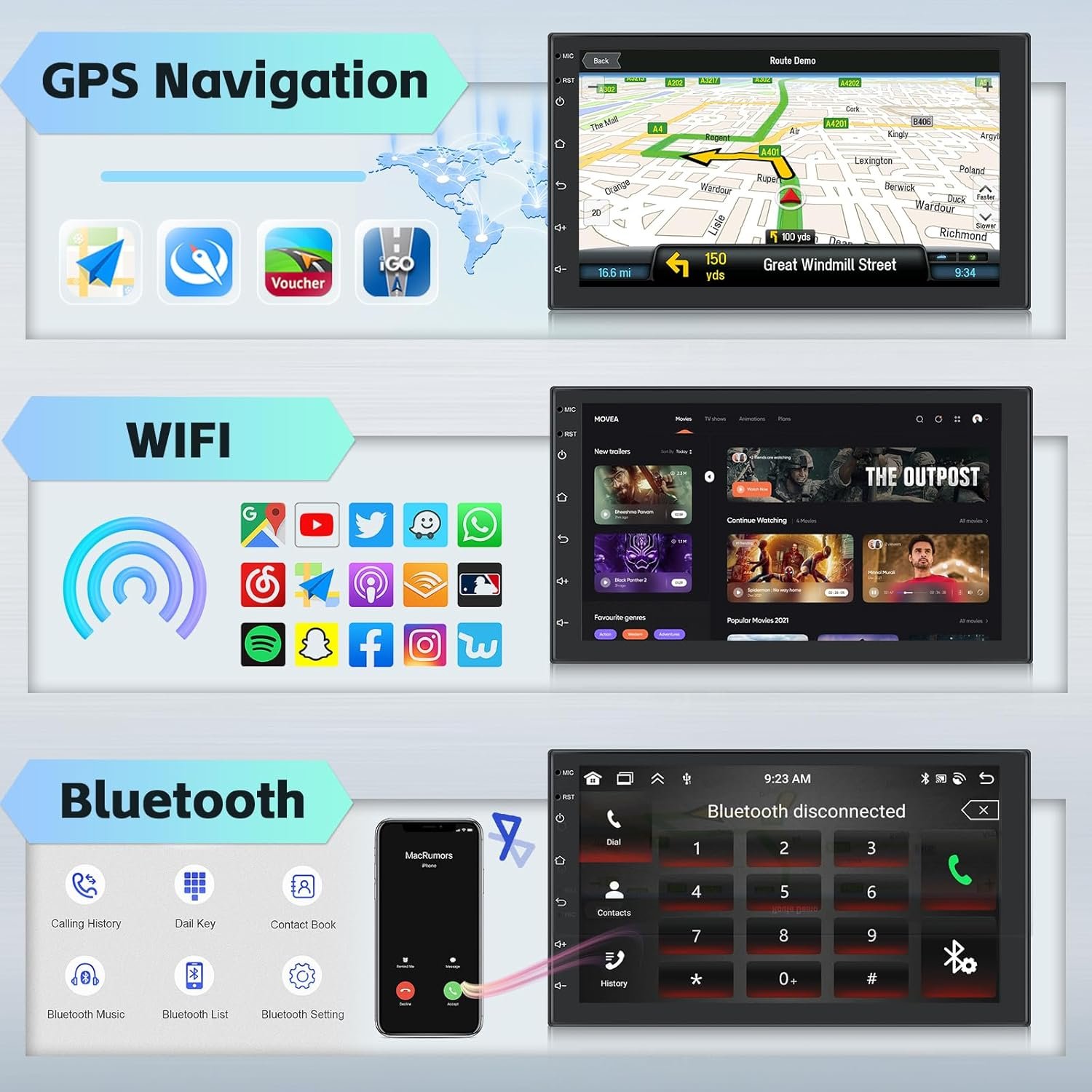 Автомагнітола Hikity / 7" / Сенсорна / 4/64Гб / Android 13 / Apple CarPlay / Android Auto / Bluetooth / WI-FI / GPS / FM / 2DIN, фото №6
