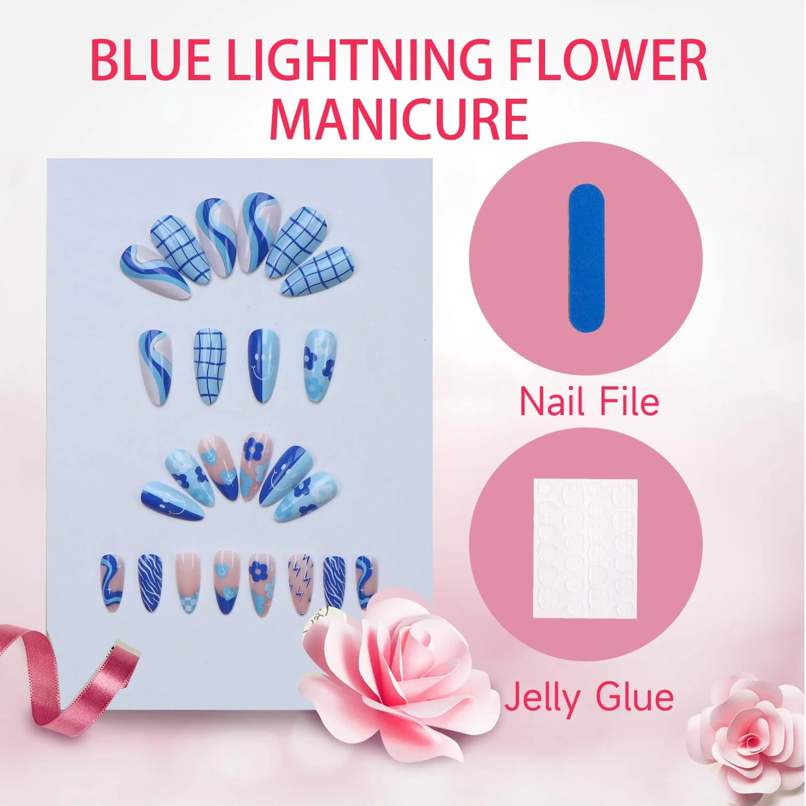 Накладные ногти GlamRays Blue Long Almond 24 шт. с цветами и сердечками, фото №5