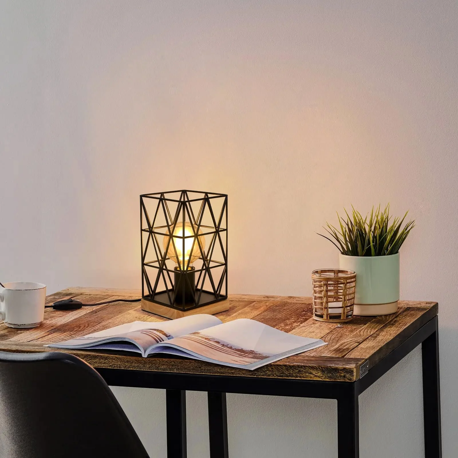 Настільна лампа Dorlink Vintage E27 Металева Клітка Індустріальна Дерев'яна основа Чорна, фото №5