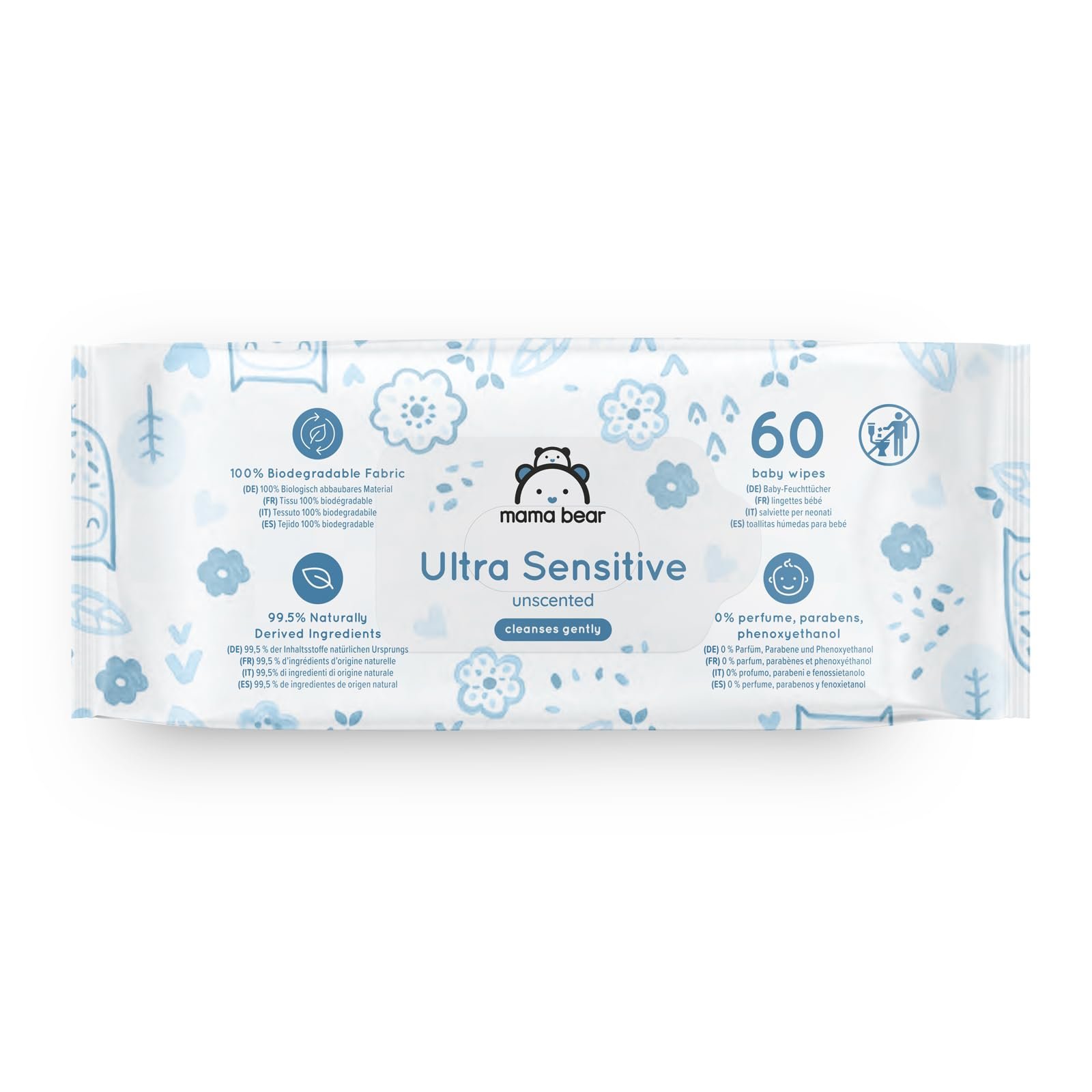 Серветки дитячі Mama Bear Ultra Sensitive без запаху 1008 шт (18 упаковок по 60 шт), фото №2