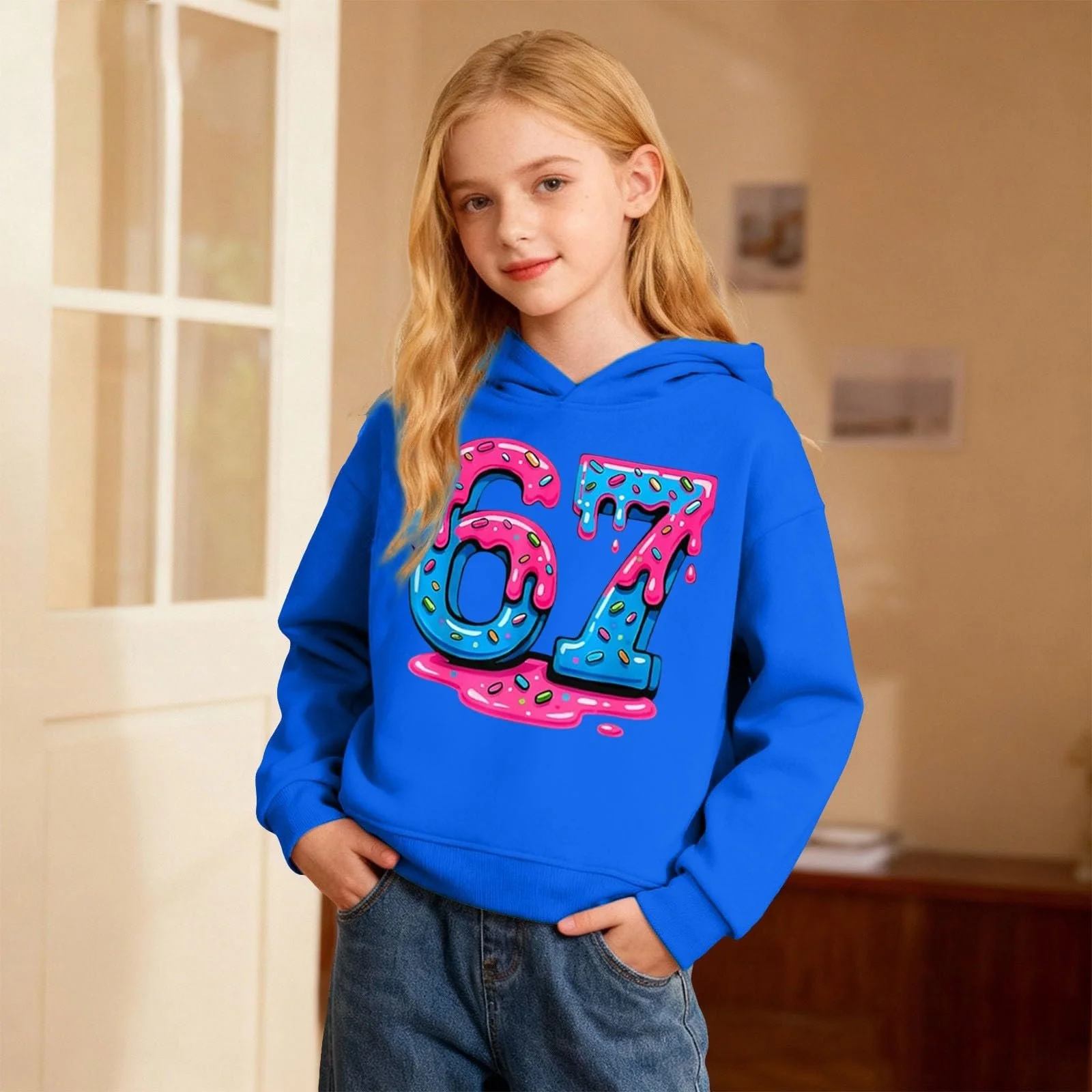 Худи с мемом 67 Six Seven для мальчиков, толстовка с длинными рукавами и капюшоном, удобные свитшоты с узором 67, новинка, уличная одежда, модный джемпер для девочек и мальчиков, фото №2
