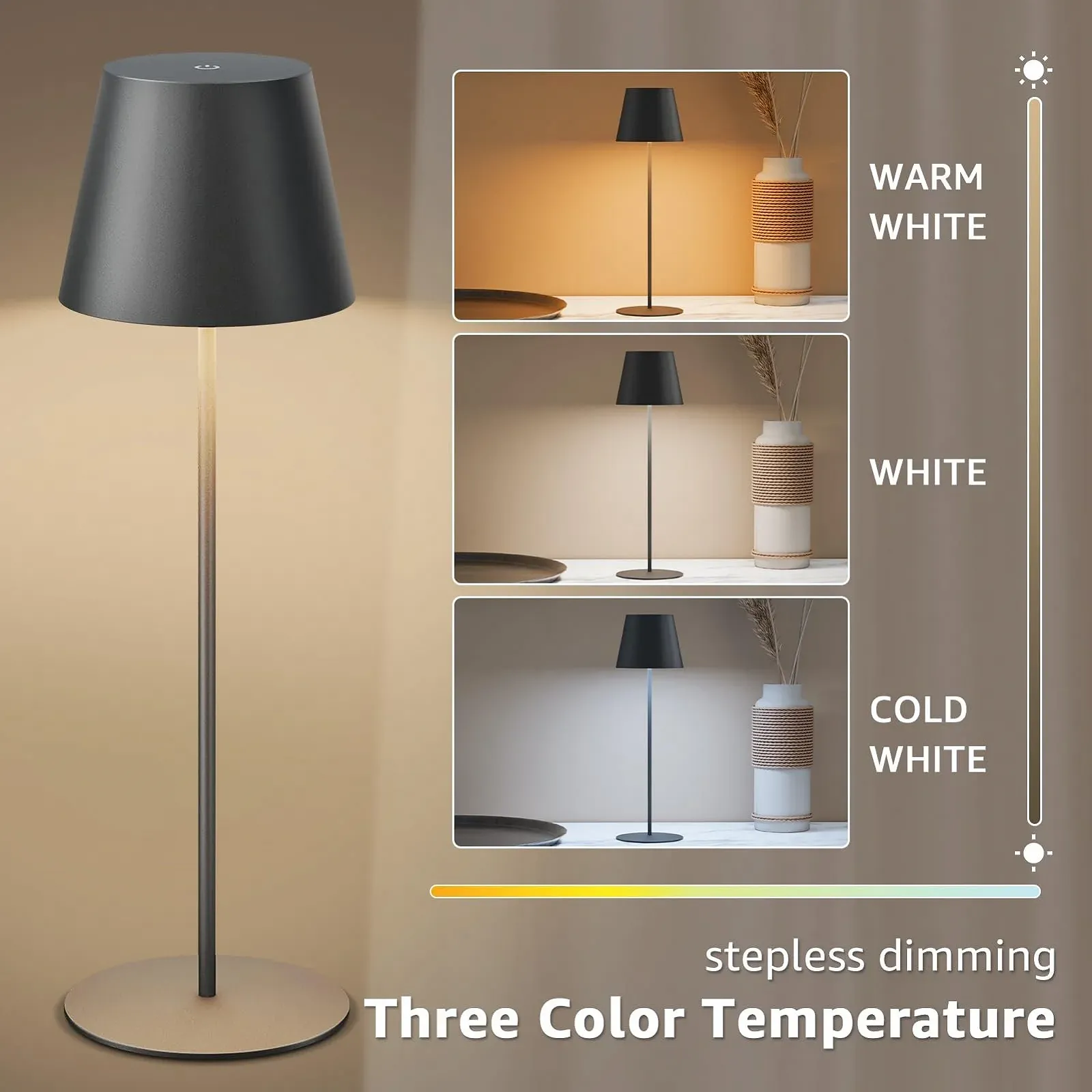 Набір з 2 LED настільних ламп акумуляторних USB-C сенсорних з регулюванням яскравості вуличних водонепроникних Black, фото №2