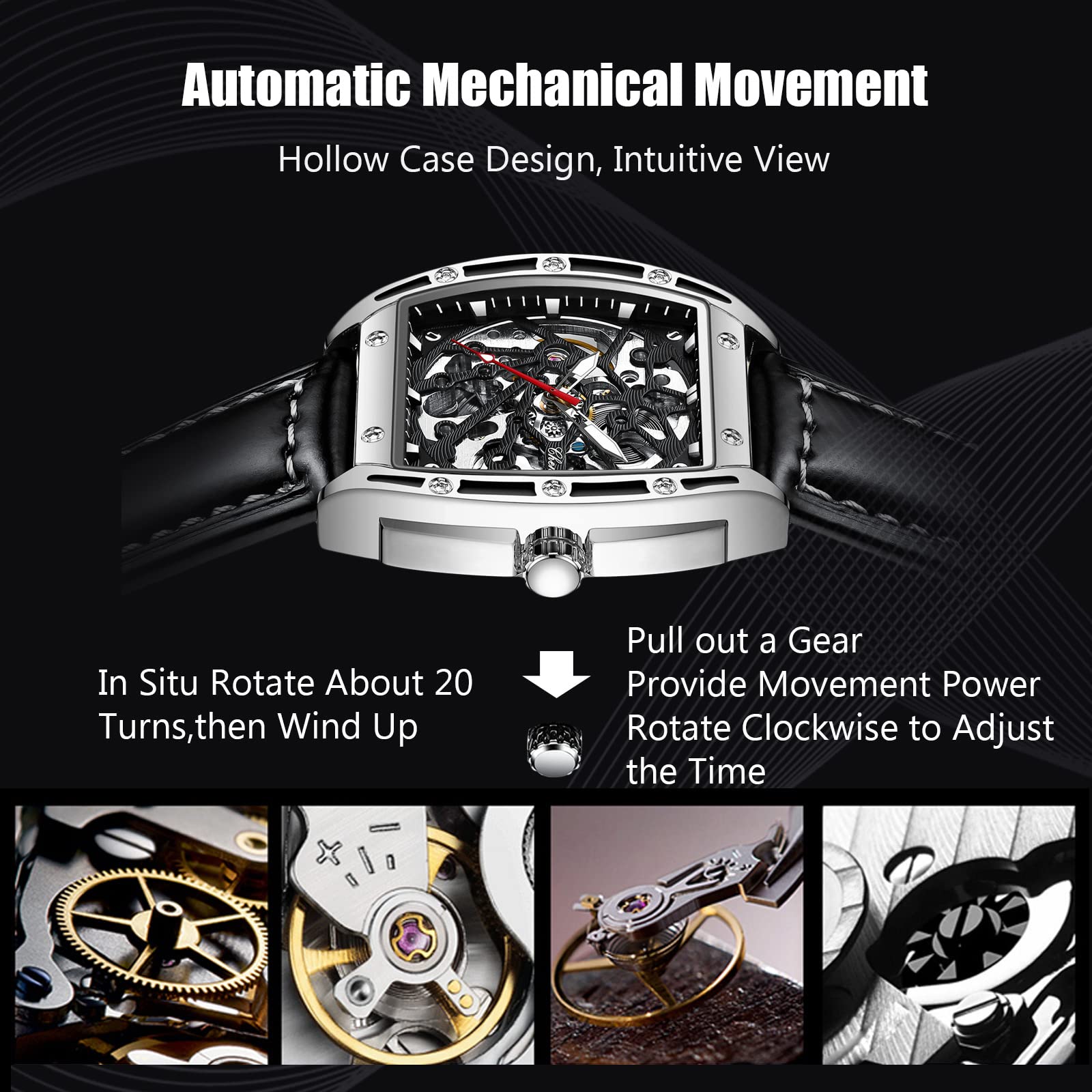 Часы rorios Мужские Автоматические Механические Кожаный Ремешок Бочкообразный Люминесцентный Скелетон Циферблат Наручные Часы, фото №3