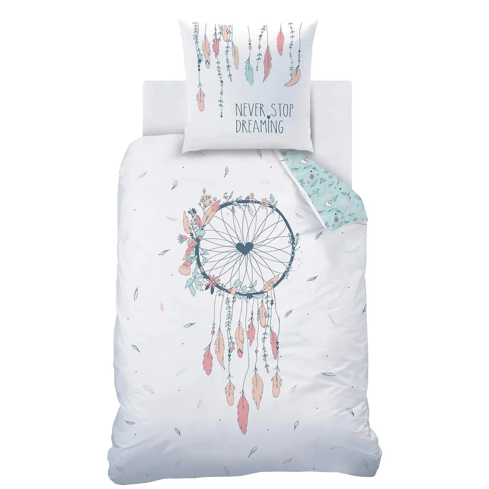 Набор постельного белья Matt&Rose Dream Catcher Фланель Цветы и перья 135 x 200 см + 80 x 80 см 100% Хлопок, фото №1